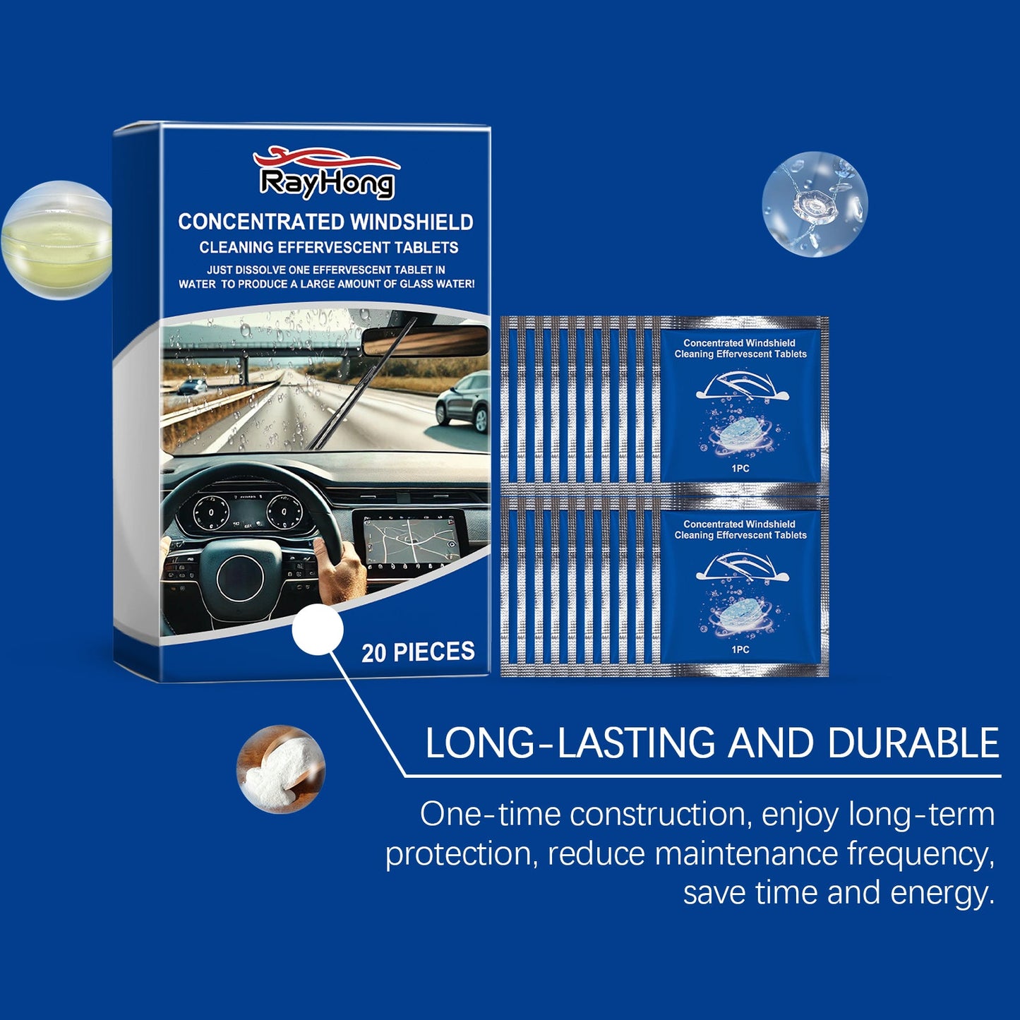 Rayhong Windshield cleaning tablets Car window glass stain and water mark waterproof cleaning effervescent tablets