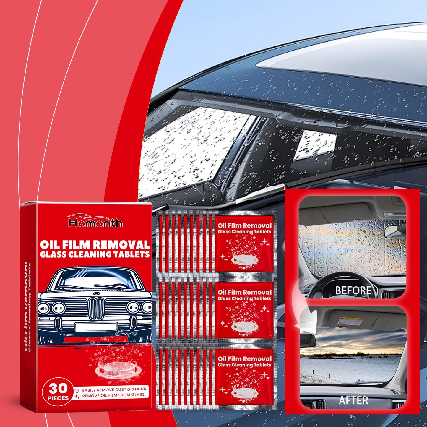 Homonth Car oil film cleaning tablets Car oil film cleaner for window glass, anti-rain and anti-fog cleaning tablets