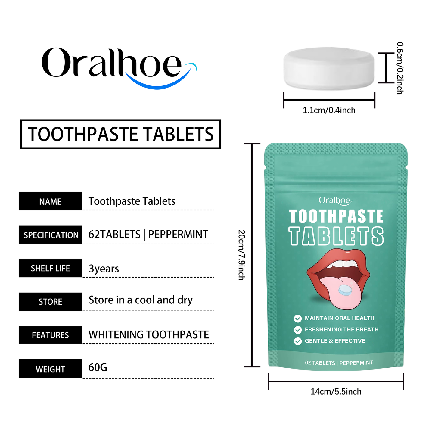 Oralhoe Cleaning toothpaste tablets Convenient, fresh, cleans teeth stains and yellowing, reduces bad odor, provides long-lasting protection