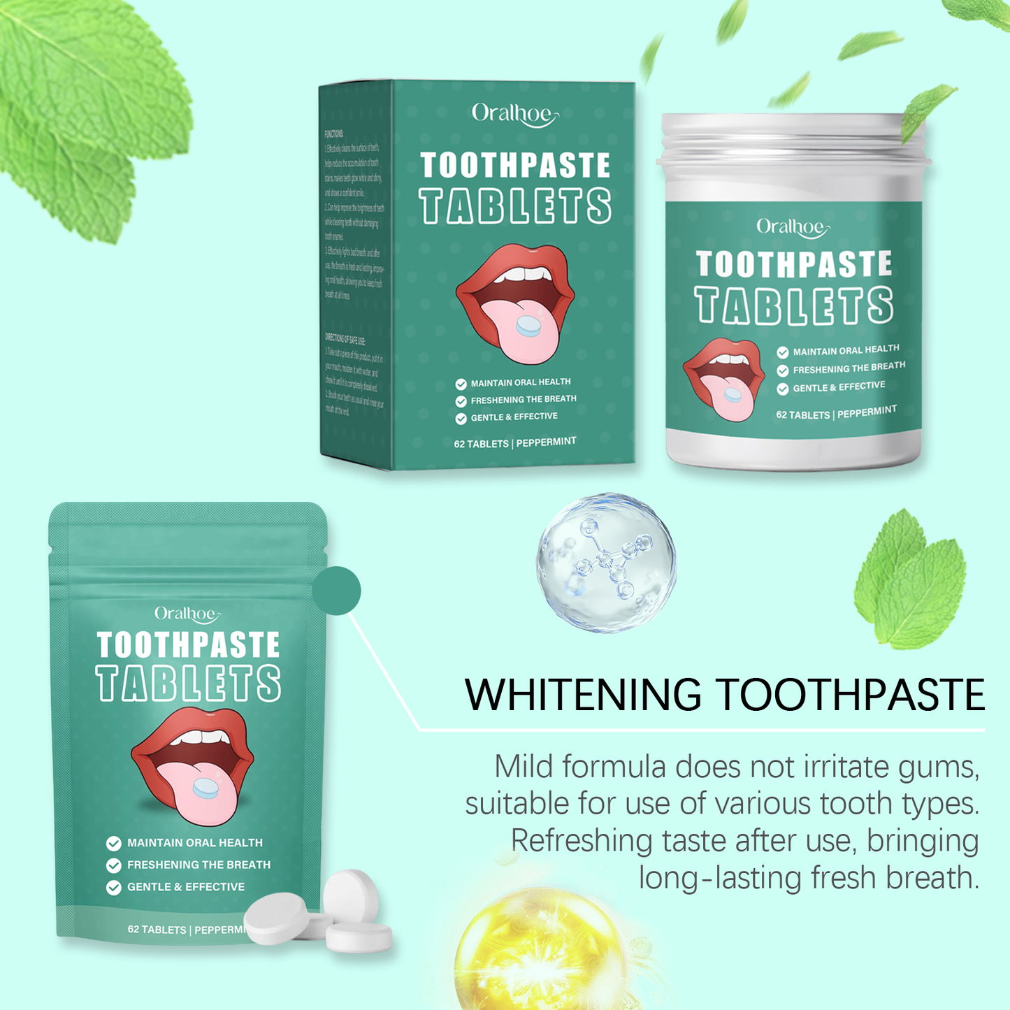 Oralhoe Cleaning toothpaste tablets Convenient, fresh, cleans teeth stains and yellowing, reduces bad odor, provides long-lasting protection