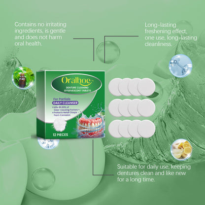 Oralhoe Denture cleaning tablets Cleaning and care, freshening, removing tooth stains, gentle care for braces and dentures, cleaning tablets