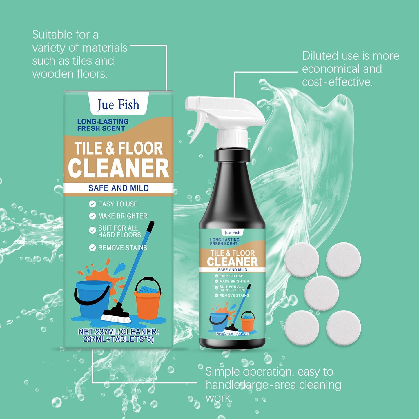 Jue Fish Floor Cleaner Stain-removing and brightening gentle formula household floor shine maintenance cleaner