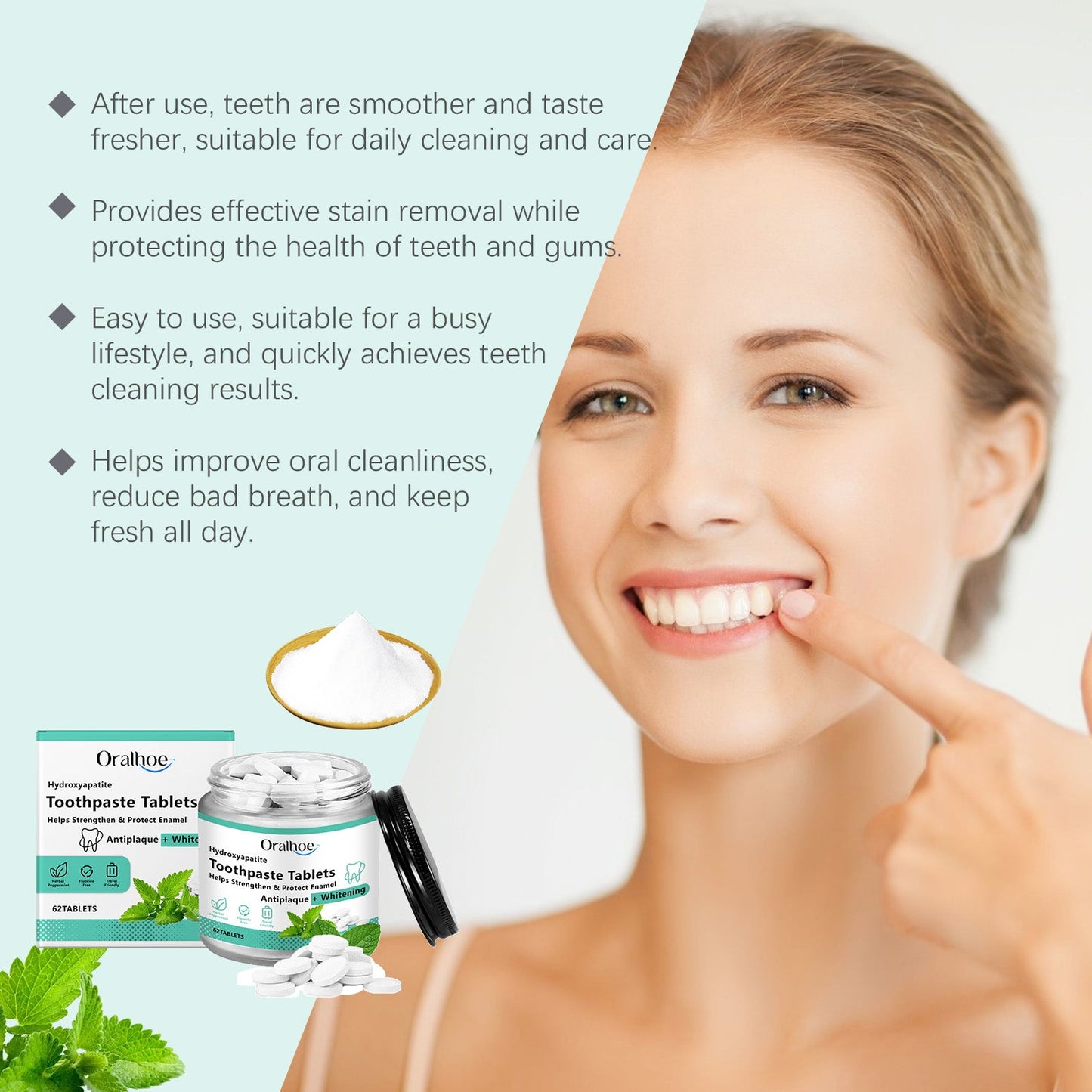 Oralhoe Mint Whitening Toothpaste Tablets Oral odor remover, breath freshener, portable toothpaste chewable tablets