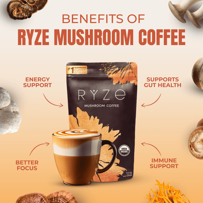 RYZE SUPERFOODS Mushroom Medium Roast Coffee USDA Organic with 6 Adaptogenic Mushrooms, USA Grown Instant Coffee for Better Energy, Focus Digestion Immunity with Lions Mane & Turkey Tail 30 Servings