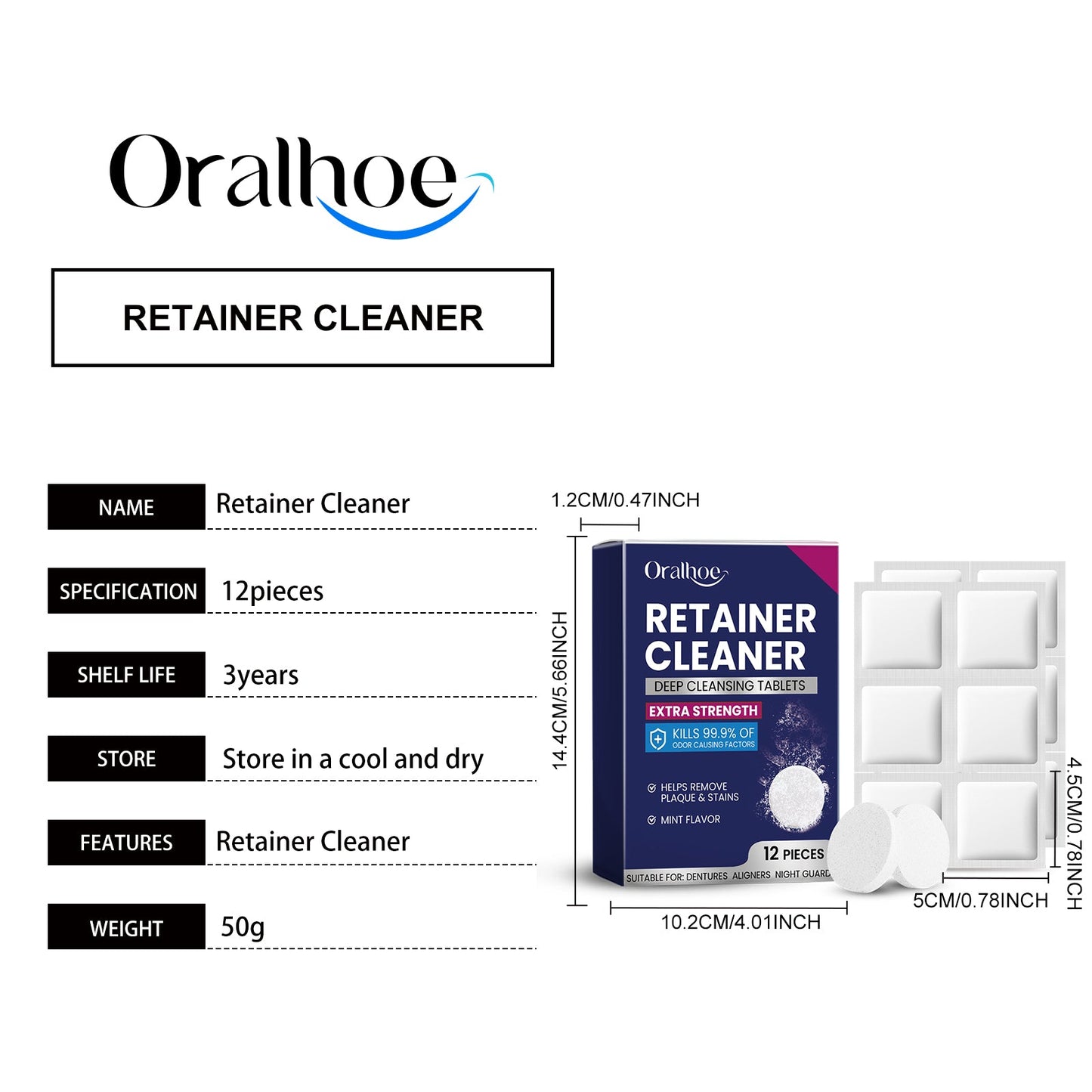 Oralhoe Mouthguard cleaning tablets Care for dentures and braces, oral cleaning, stain removal, cleaning tablets, care