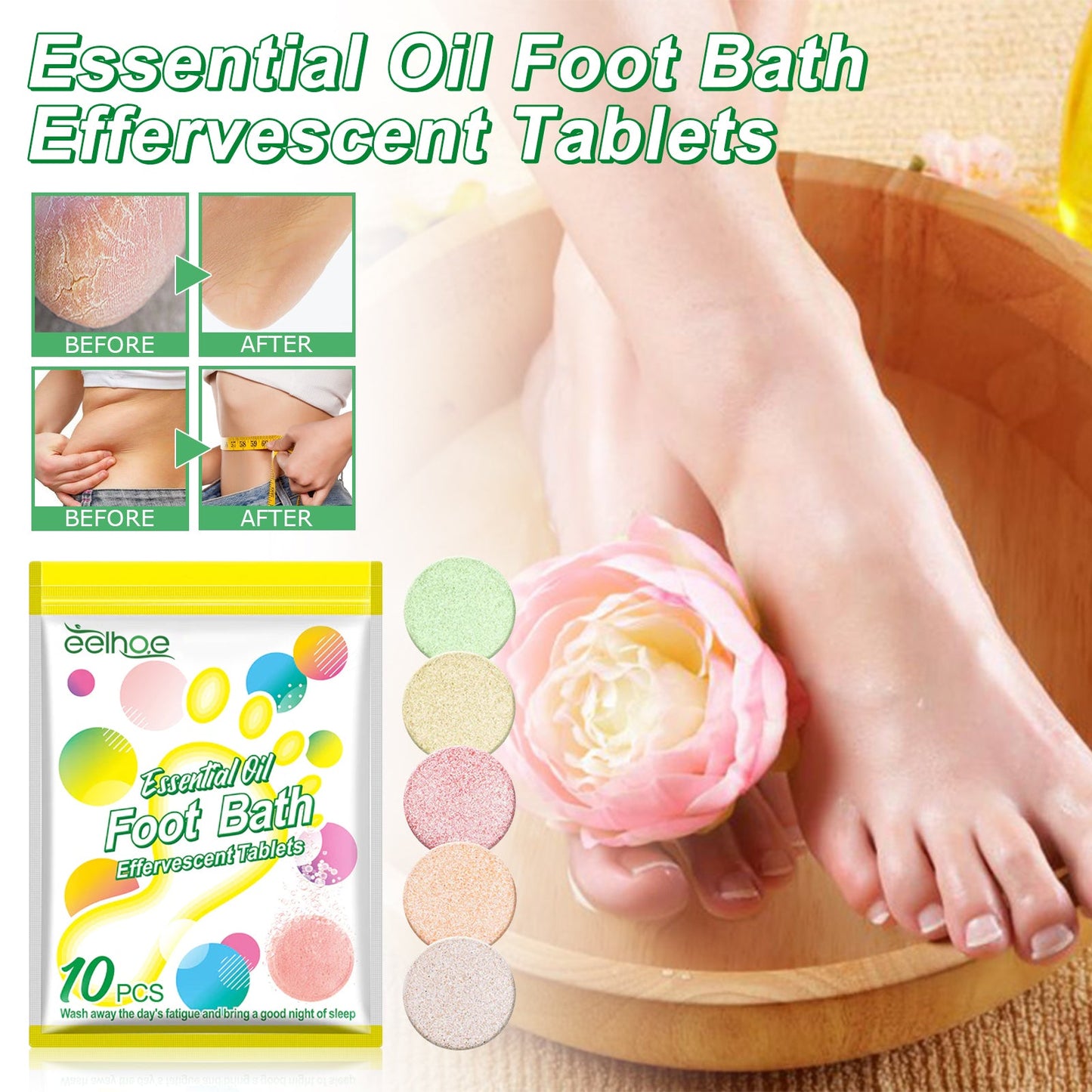 EELHOE Foot bath tablets Foot Spa Essence for Odor Control, Cold Relief, Moisture Dissipation, Sleep Aid, Instant Dissolving Foot Soaking Tablets