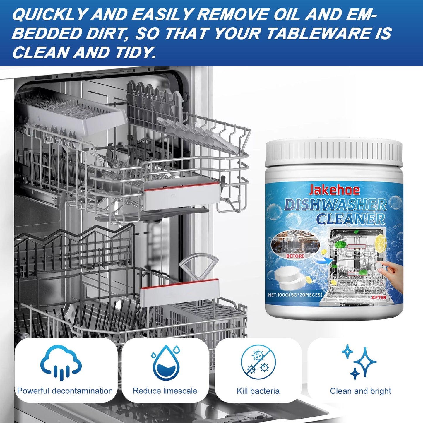 Jakehoe Dishwasher cleaning tablets Dishwasher-specific detergent and brightener for cleaning, removing grease and dirt