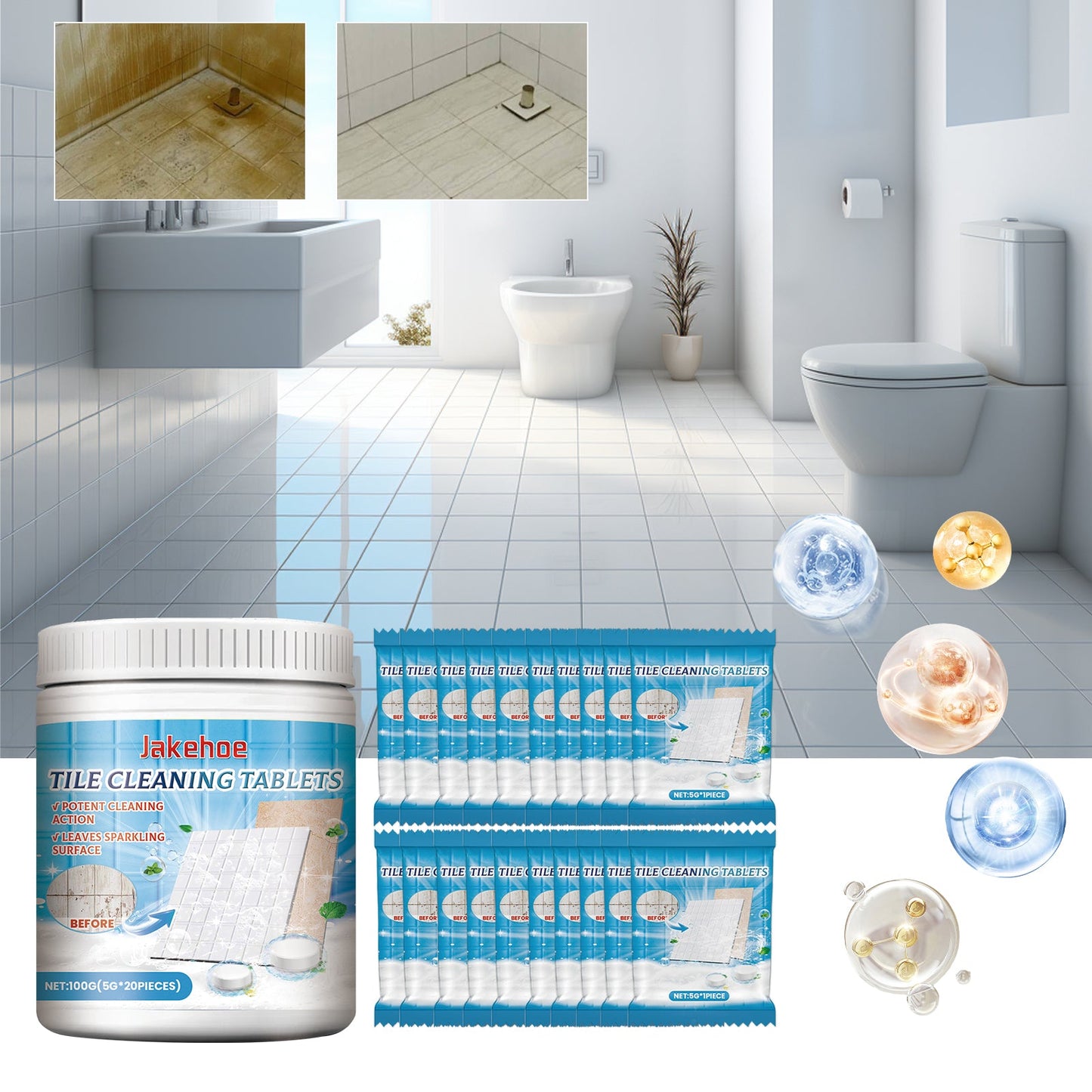 Jakehoe Tile cleaning tablets Toilet, bathtub, toilet bowl, washbasin, floor, wall, tiles - decontamination and cleaning