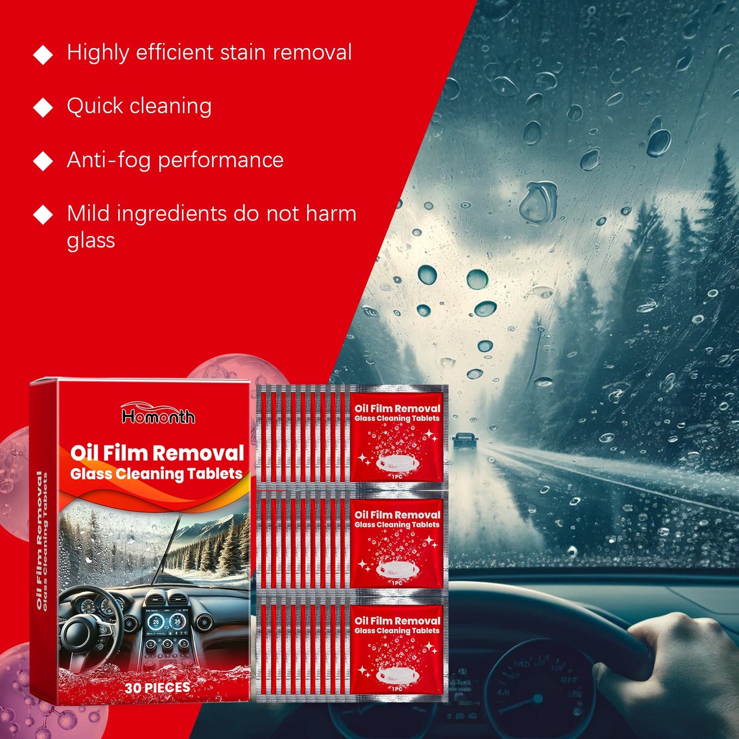 Homonth Car windshield effervescent tablets, car window rainproof, waterproof, anti-fog, cleaning car glass effervescent tablets