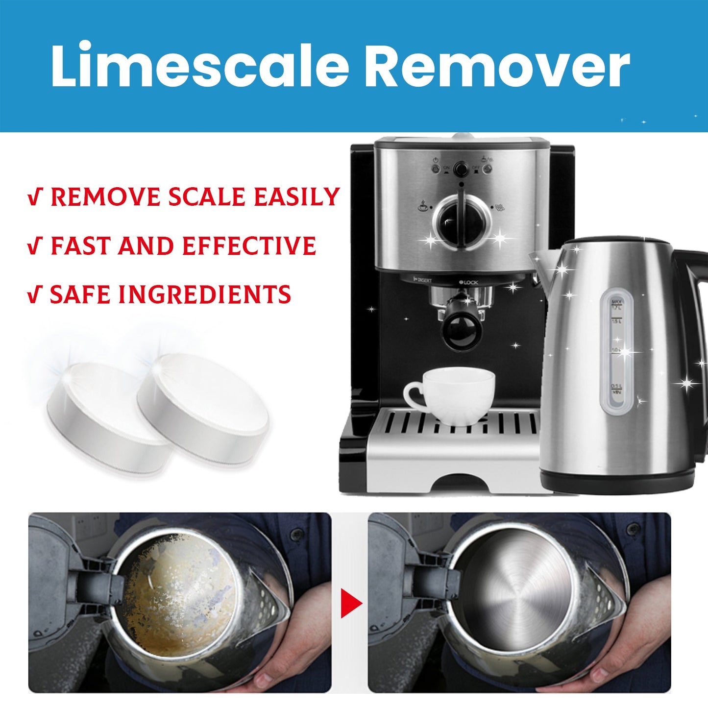 Jakehoe Scale Cleaning Effervescent Tablets Cleaning tablets for removing stubborn stains and scale from kettles and coffee machines