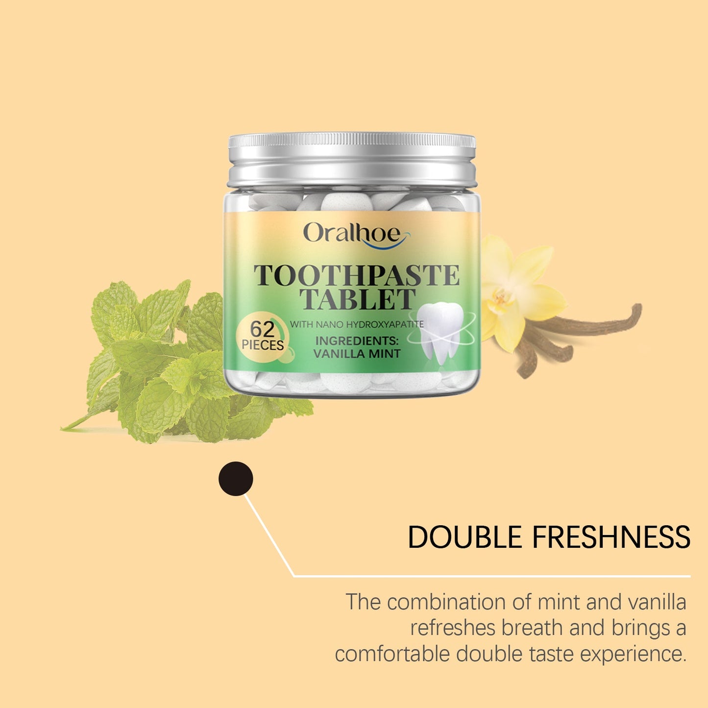 Oralhoe Vanilla Mint Toothpaste Tablets Cleans dental stains, protects oral health, freshens breath, portable dental cleaning tablets