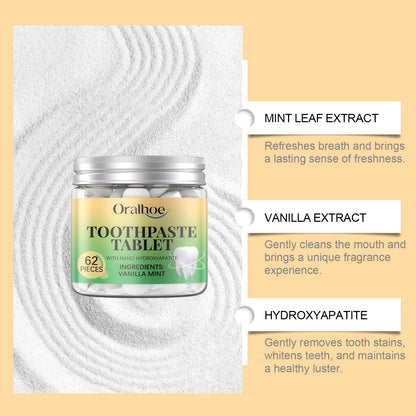 Oralhoe Vanilla Mint Toothpaste Tablets Cleans dental stains, protects oral health, freshens breath, portable dental cleaning tablets