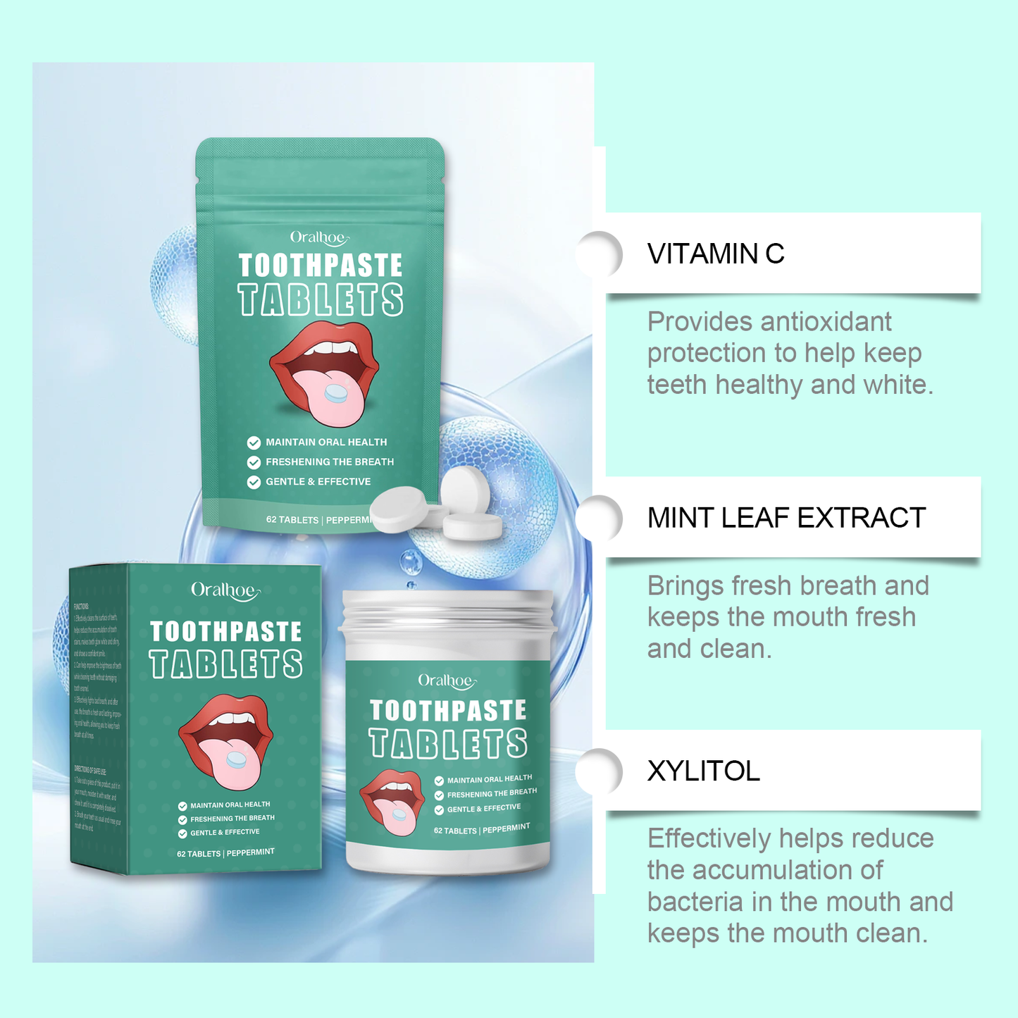 Oralhoe Cleaning toothpaste tablets Convenient, fresh, cleans teeth stains and yellowing, reduces bad odor, provides long-lasting protection