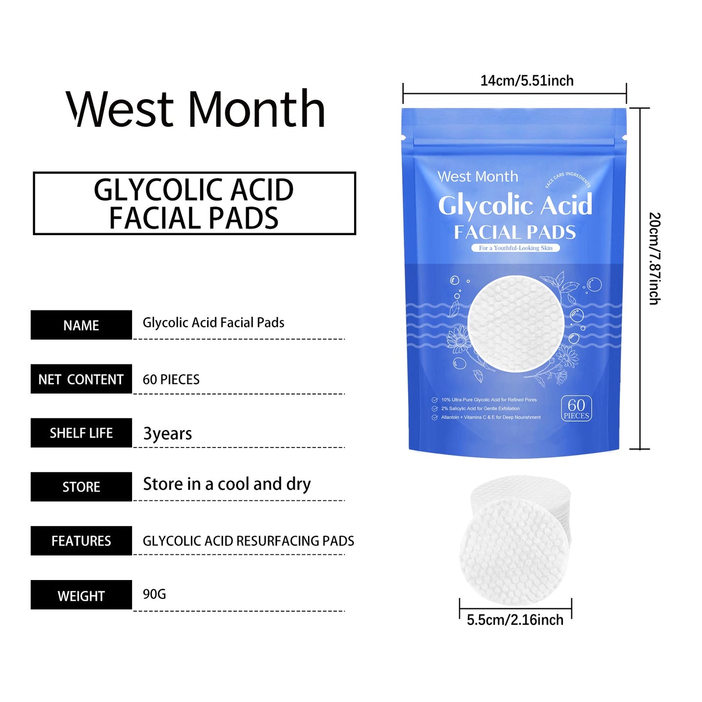 West Month Salicylic Acid Cleansing Pads Gentle facial cleansing tablets for moisturizing and hydrating skin
