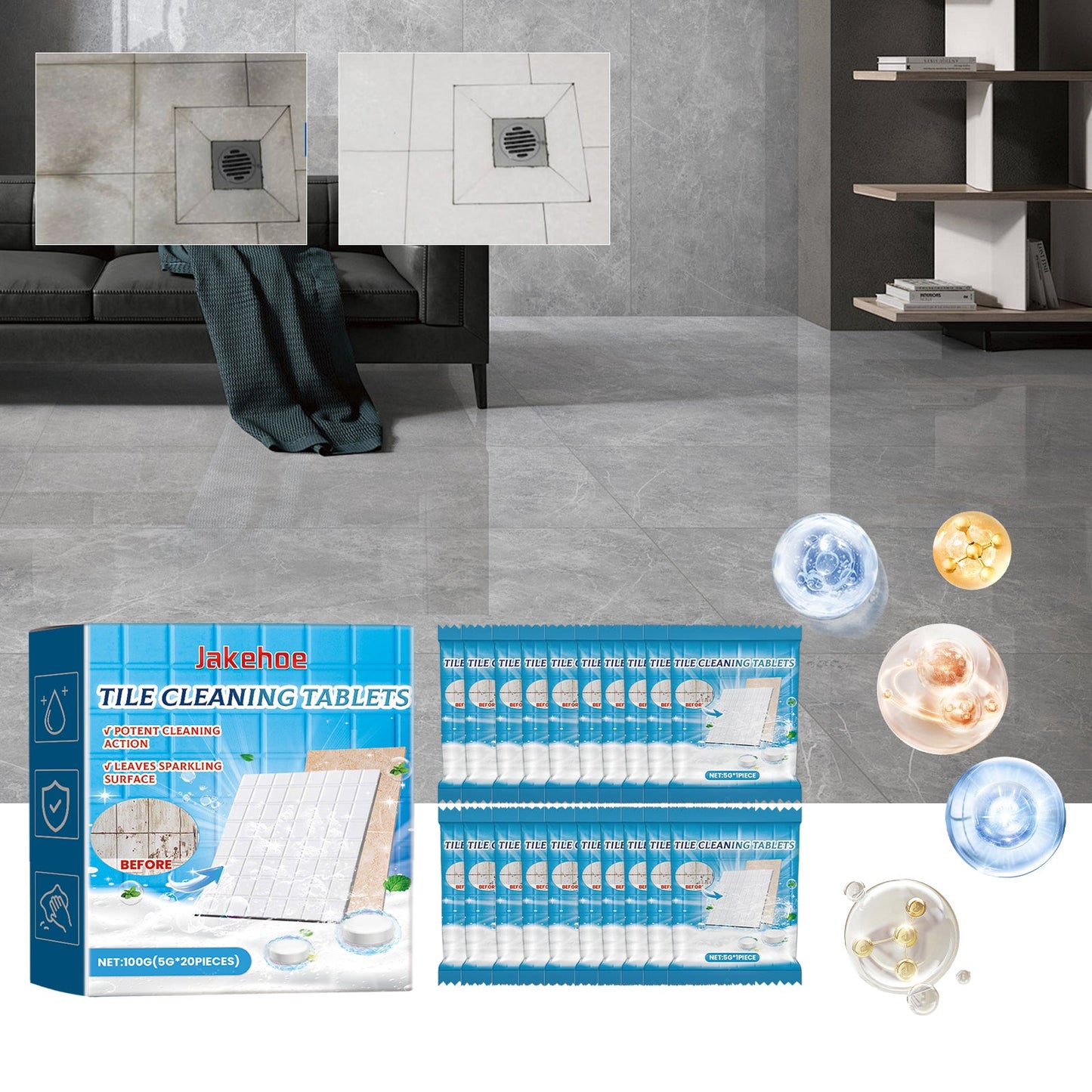 Jakehoe Tile cleaning tablets Descaling, polishing, and cleaning agent for household bathrooms, kitchens, floor tiles, and bathtubs