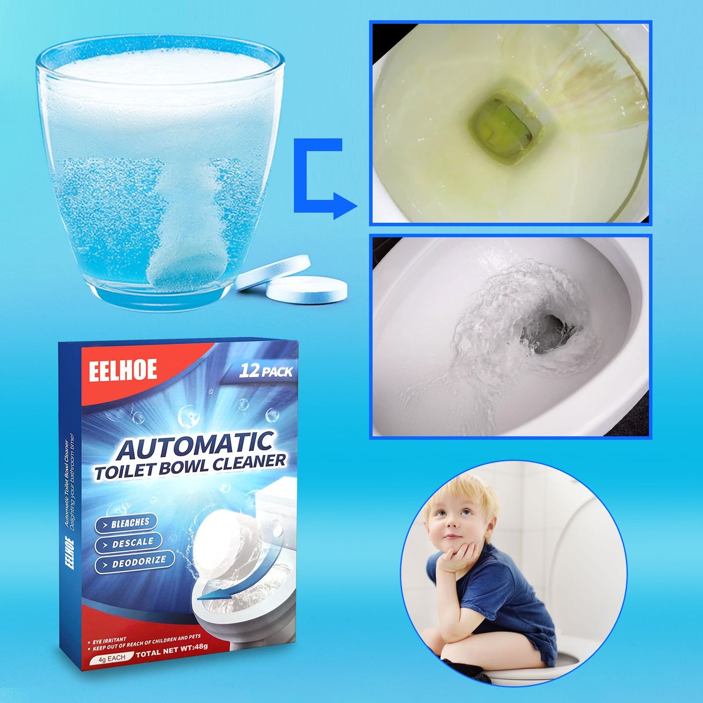 EELHOE Toilet cleaning effervescent tablets Bathroom toilet descaling, decontamination, deodorization, multi-effect odor removal, and freshness