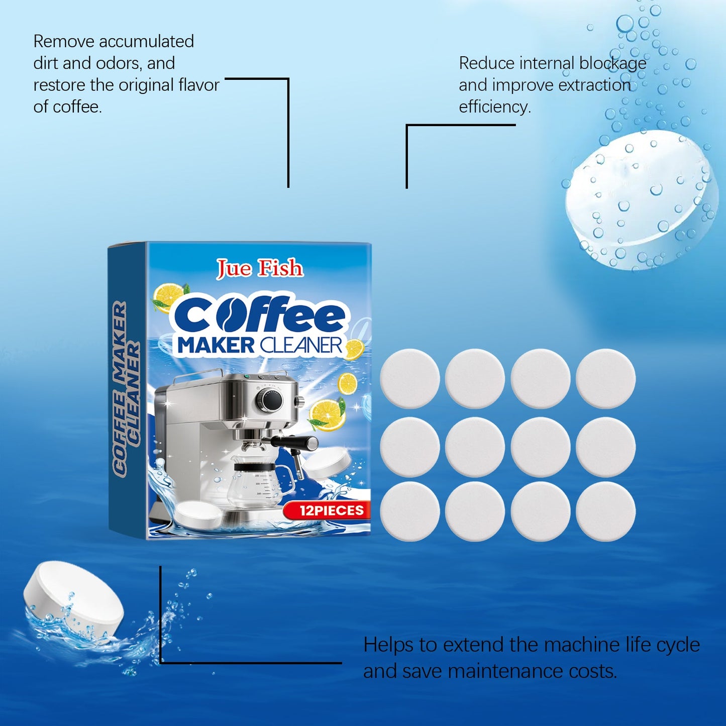 Jue Fish Coffee machine cleaning tablets Coffee machine stain removal filter cleaning tablets for household use