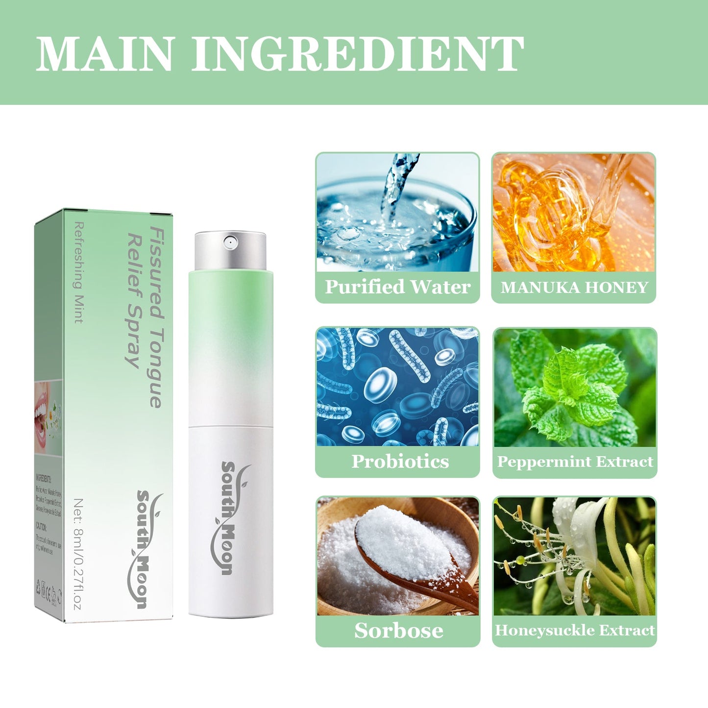 South Moon Cracked Tongue Relief Spray Relieves tongue cracks, freshens breath, and eliminates bad odor oral spray