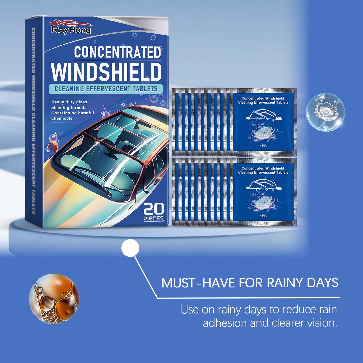 Rayhong Car windshield cleaning tablets Windshield cleaning stain remover, rainproof, anti-fog, waterproof cleaning tablets