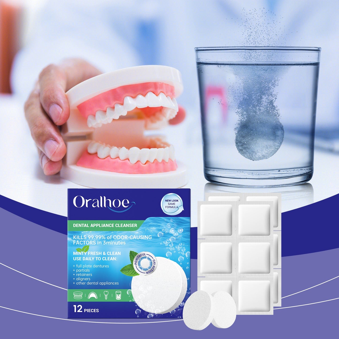 Oralhoe Denture cleaning tablets Oral care, fresh breath, tooth stain removal, braces, denture cleaning tablets, care