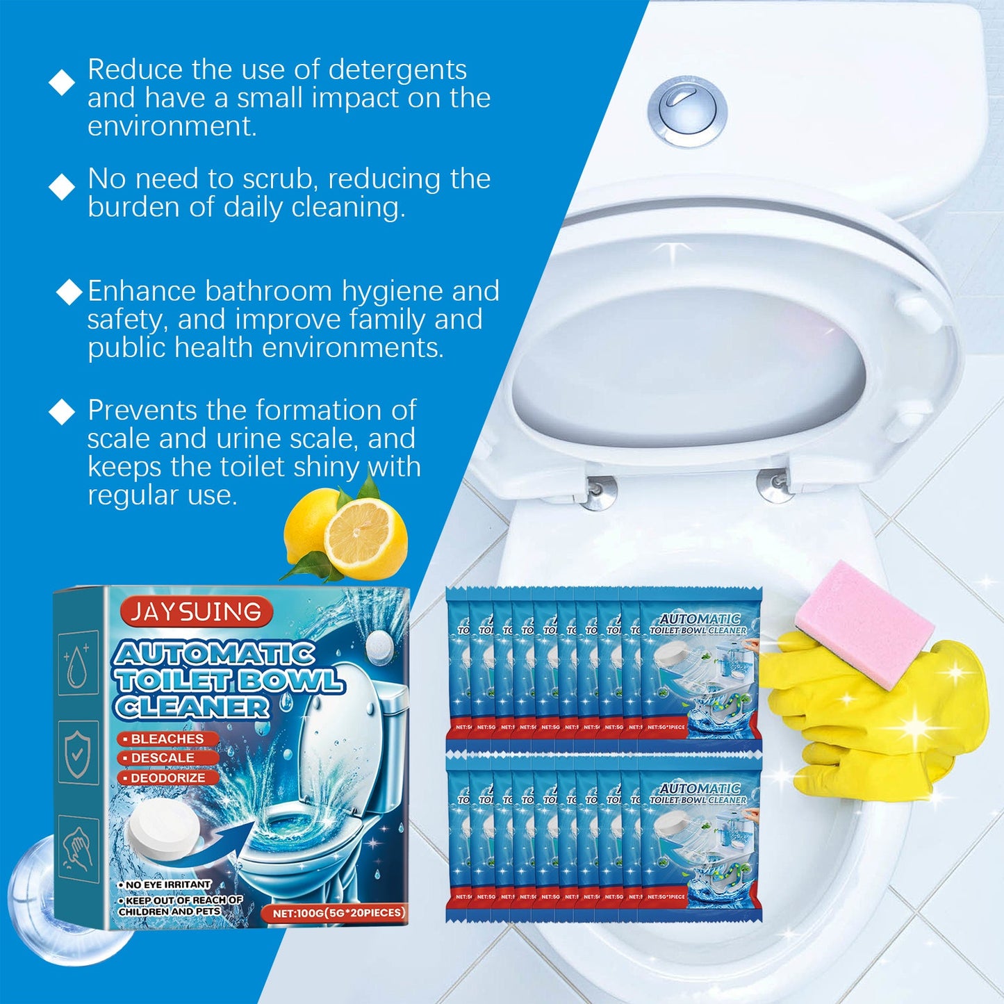 JAYSUING Toilet cleaning tablets Efficient toilet cleaning, stain removal, descaling, and deodorizing toilet cleaning tablets