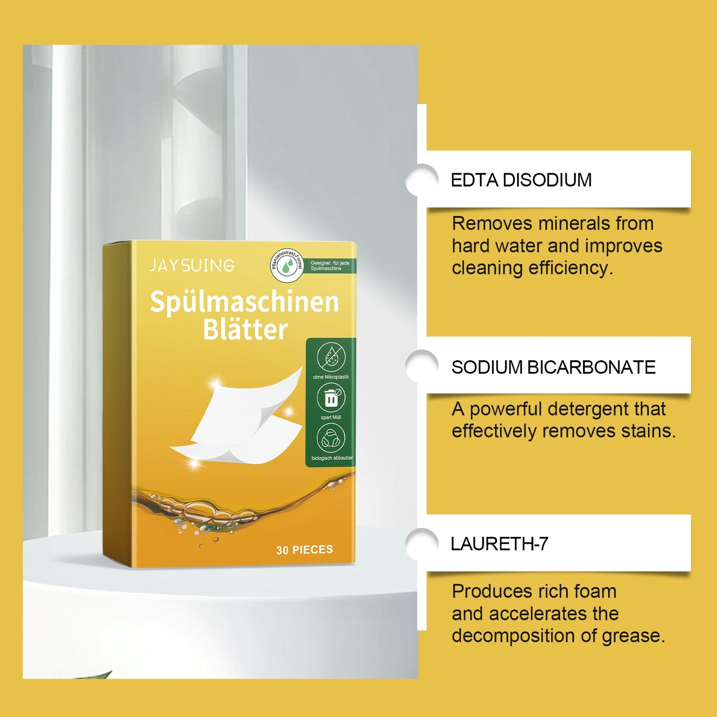 Jaysuing Dishwashing detergent tablets Kitchen utensil stain remover, oil remover, fresh and gentle dishwashing tablets