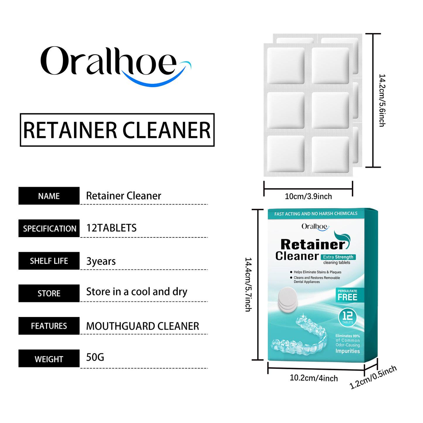 Oralhoe Denture Retainer Cleaning Tablets Tartar buildup cleaner, stain remover, denture care cleaning tablets