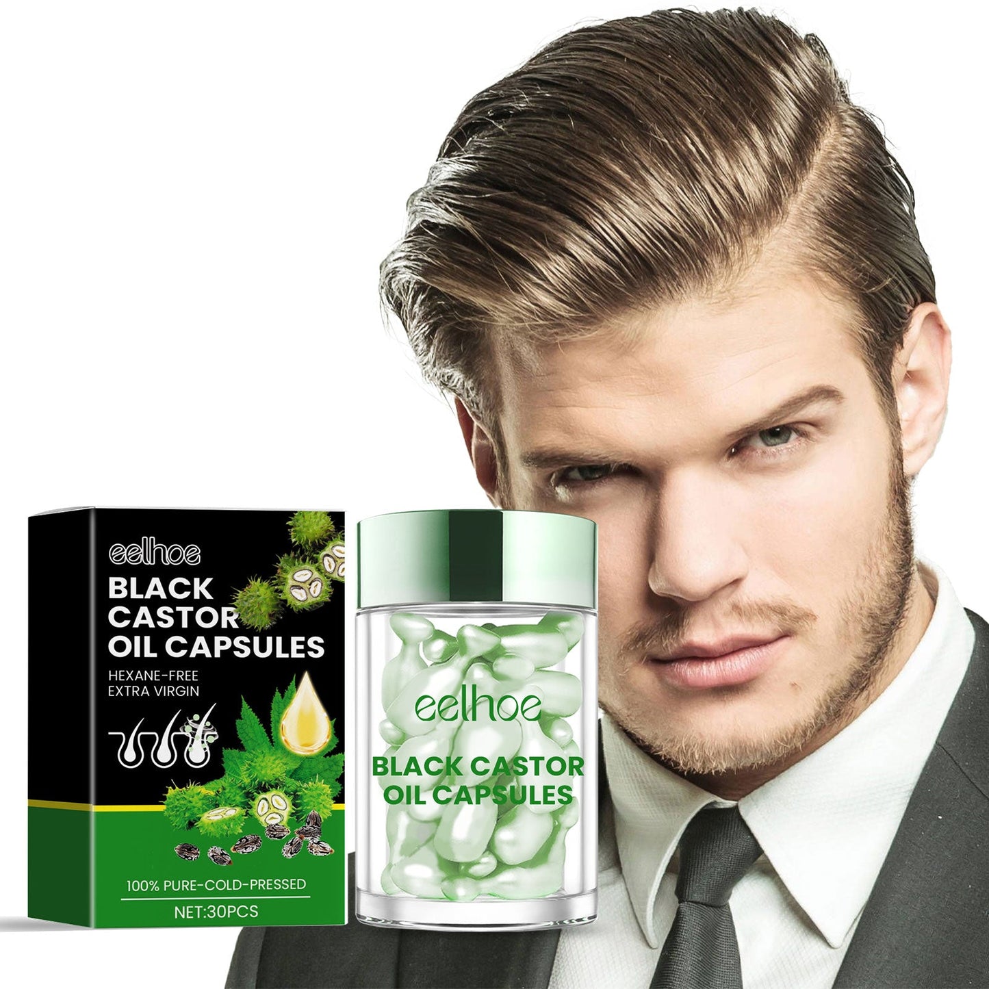 eelhoe Castor Oil Hair Thickening Capsules Repair hair damage, nourish, smooth, shine and strengthen hair, hair care capsules