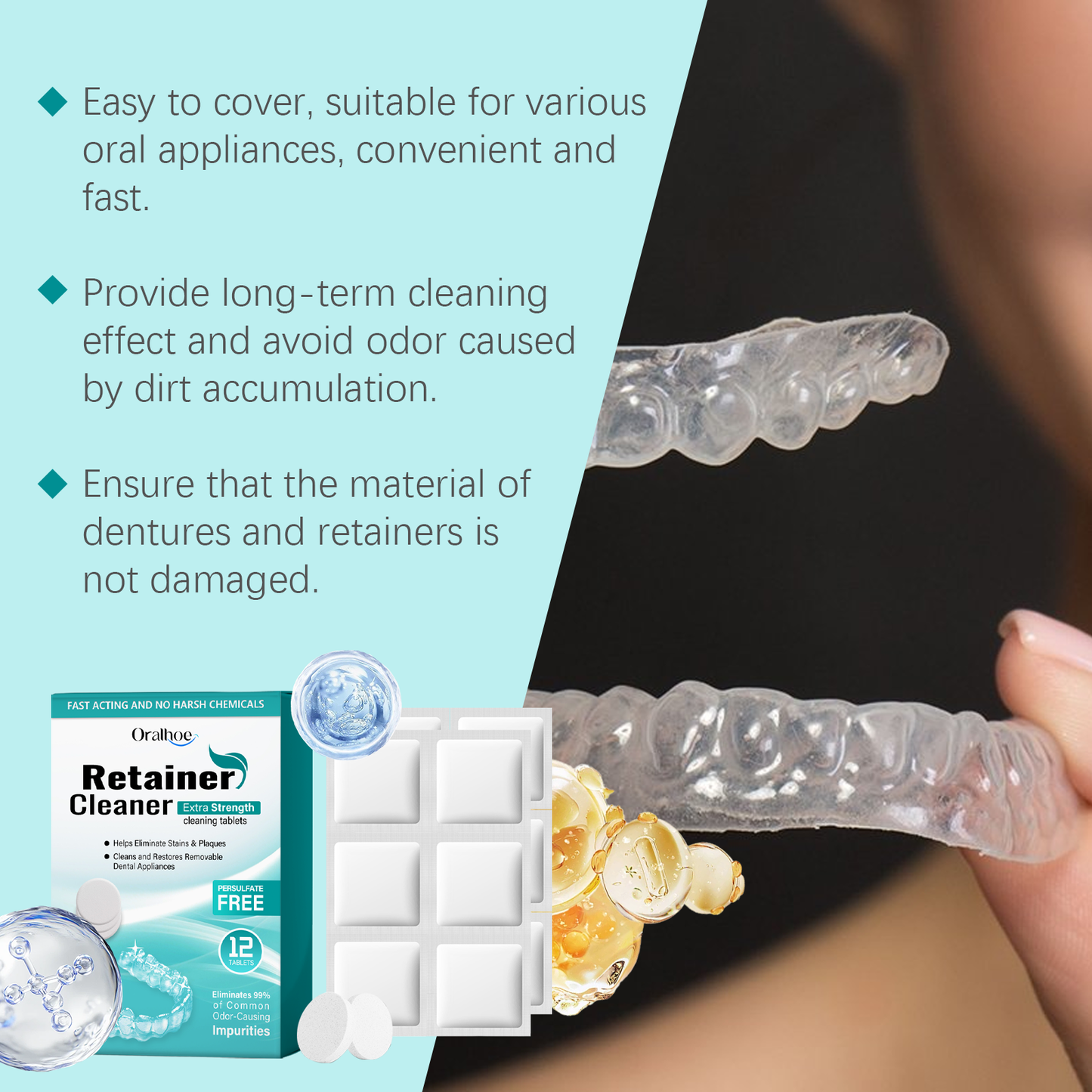 Oralhoe Denture Retainer Cleaning Tablets Tartar buildup cleaner, stain remover, denture care cleaning tablets