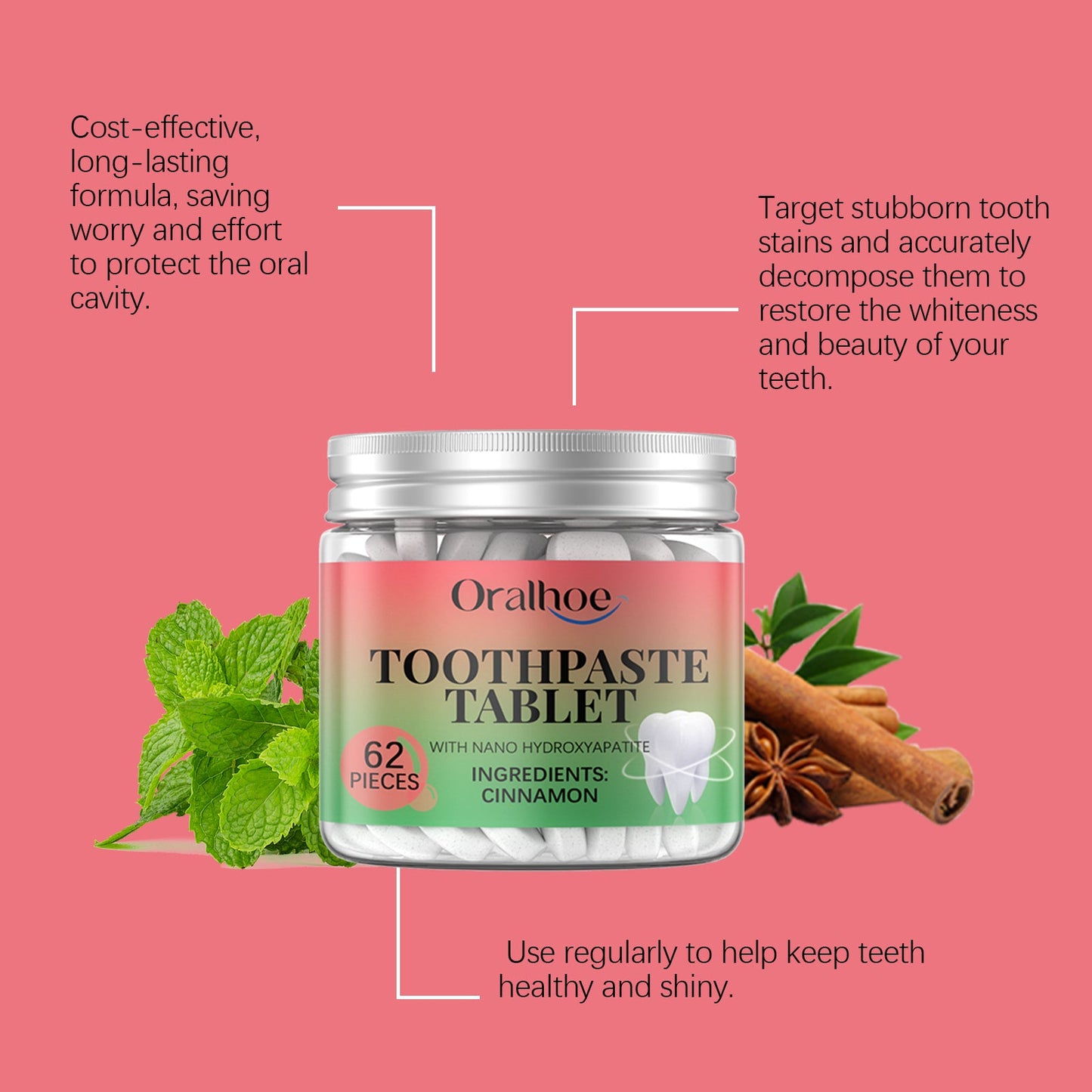 Oralhoe Cinnamon toothpaste tablets Gentle cleaning of dental stains, oral hygiene care, dental care toothpaste tablets