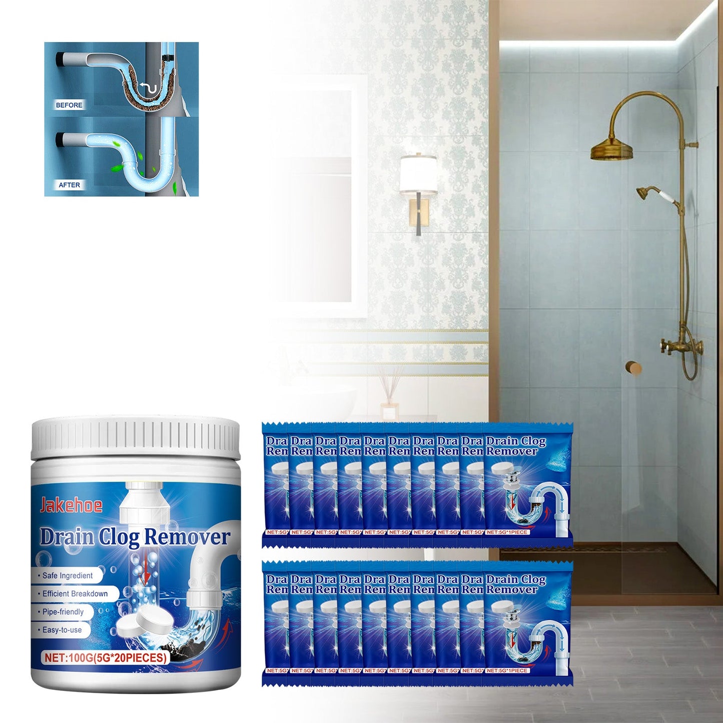 Jakehoe Drain Cleaner Effervescent Tablets Toilet drain unclogging, deodorizing, anti-clogging, dissolving cleaning tablets