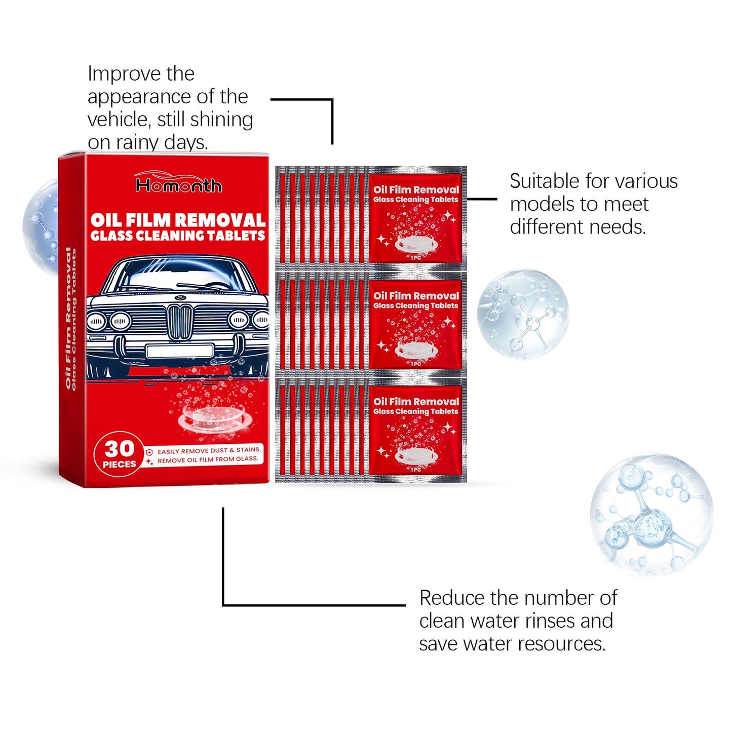 Homonth Car oil film cleaning tablets Car oil film cleaner for window glass, anti-rain and anti-fog cleaning tablets