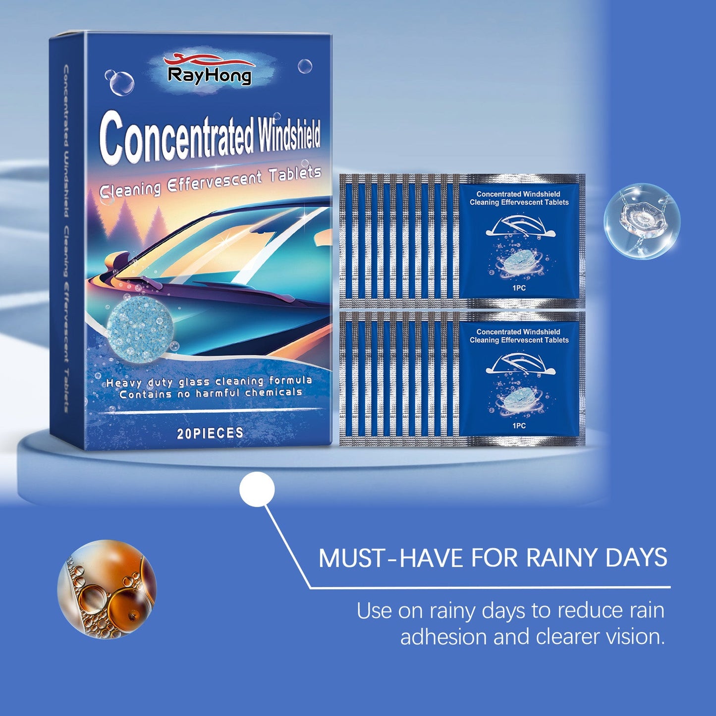 Rayhong Windshield washer tablets Car window rainproof, waterproof, stain-removing, daily maintenance effervescent tablets