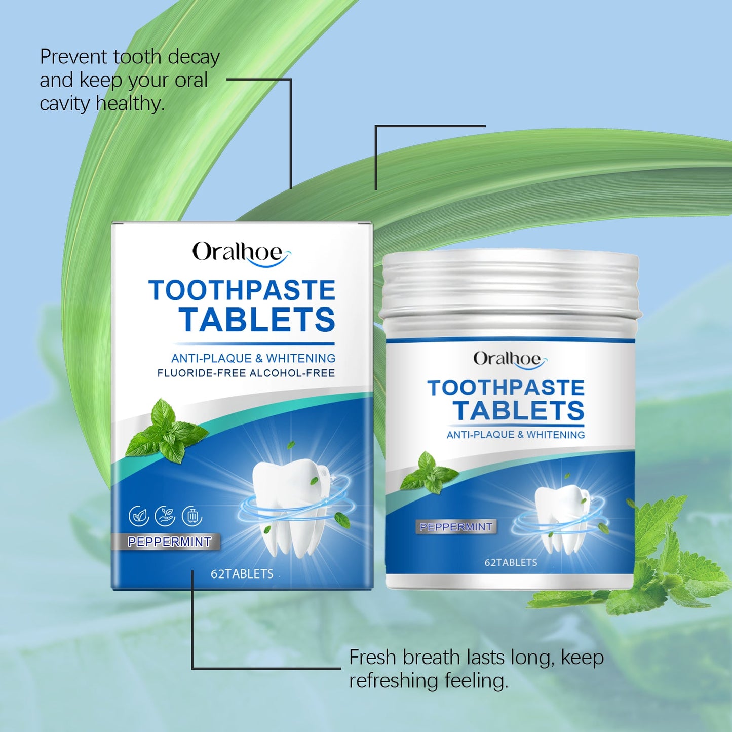 Oralhoe Mint cleaning toothpaste tablets Gently cleans teeth, removes stains and yellowing, freshens the mouth, and provides dental care