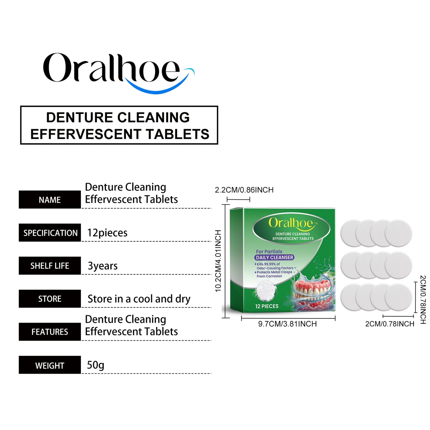 Oralhoe Denture cleaning tablets Cleaning and care, freshening, removing tooth stains, gentle care for braces and dentures, cleaning tablets