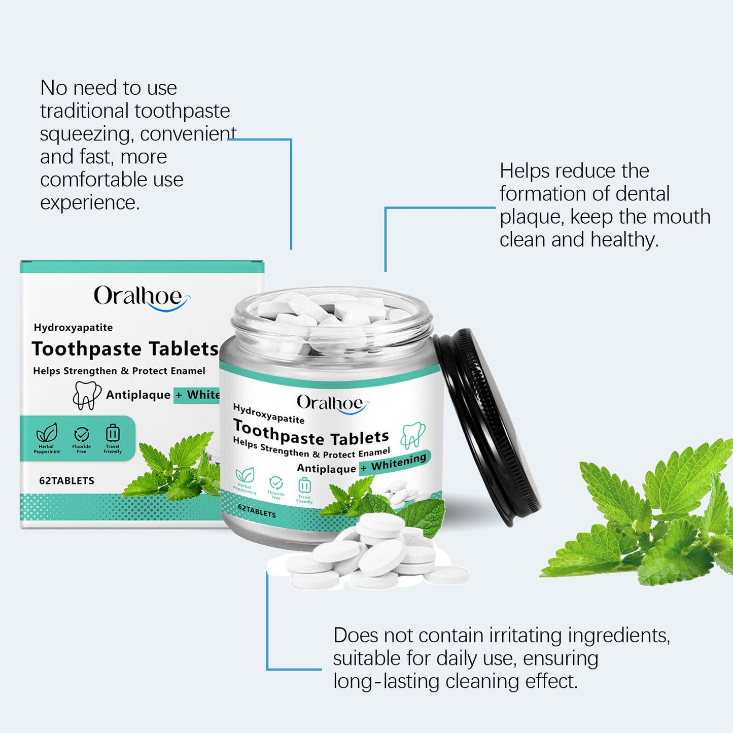 Oralhoe Mint Whitening Toothpaste Tablets Oral odor remover, breath freshener, portable toothpaste chewable tablets