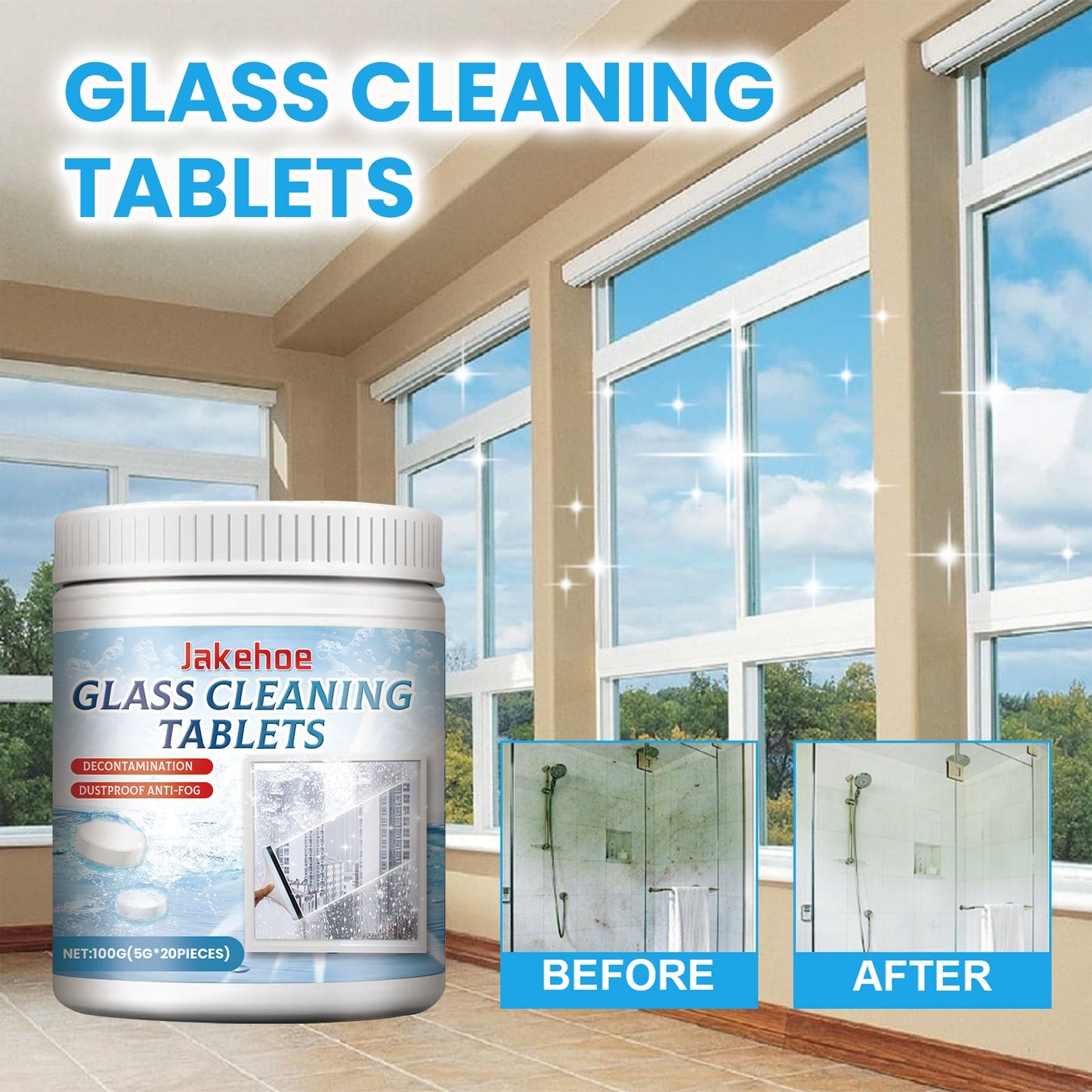Jakehoe Glass cleaning tablets Car, home, and bathroom mirror cleaner removes water stains, provides clear vision, and prevents fogging
