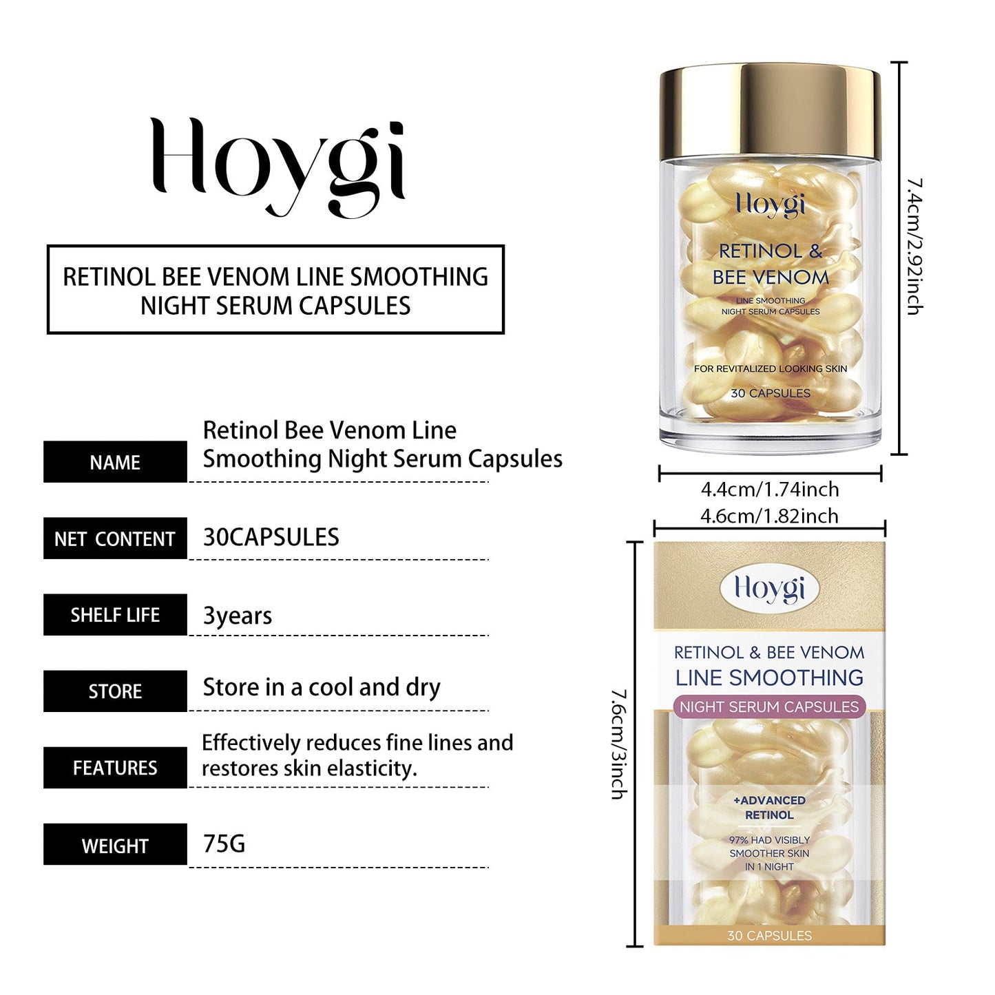 Hoygi Retinol and Bee Venom Facial Capsules Gentle moisturizing facial skin firming and skin texture improving hydrating capsules