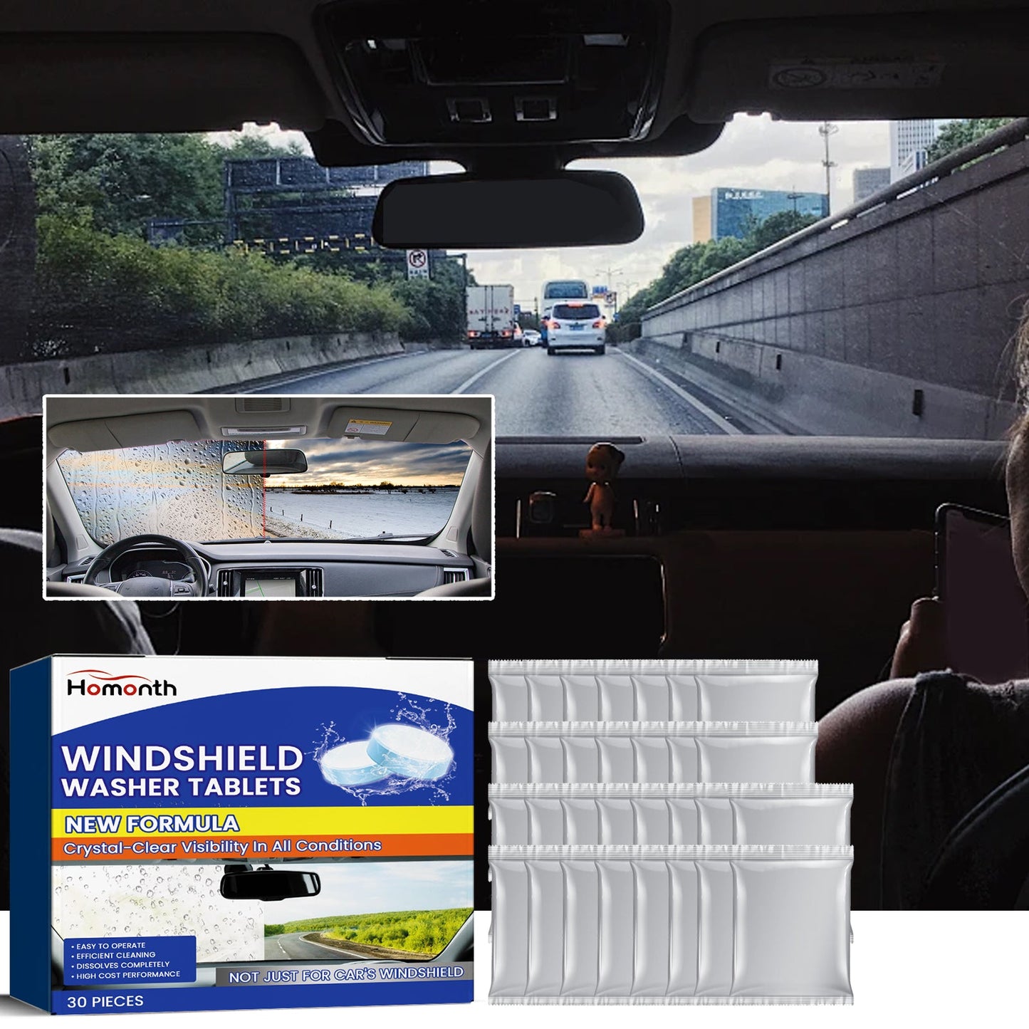 Homonth Windshield cleaning tablets Multifunctional cleaning agent for car glass renovation, decontamination, and anti-fog maintenance