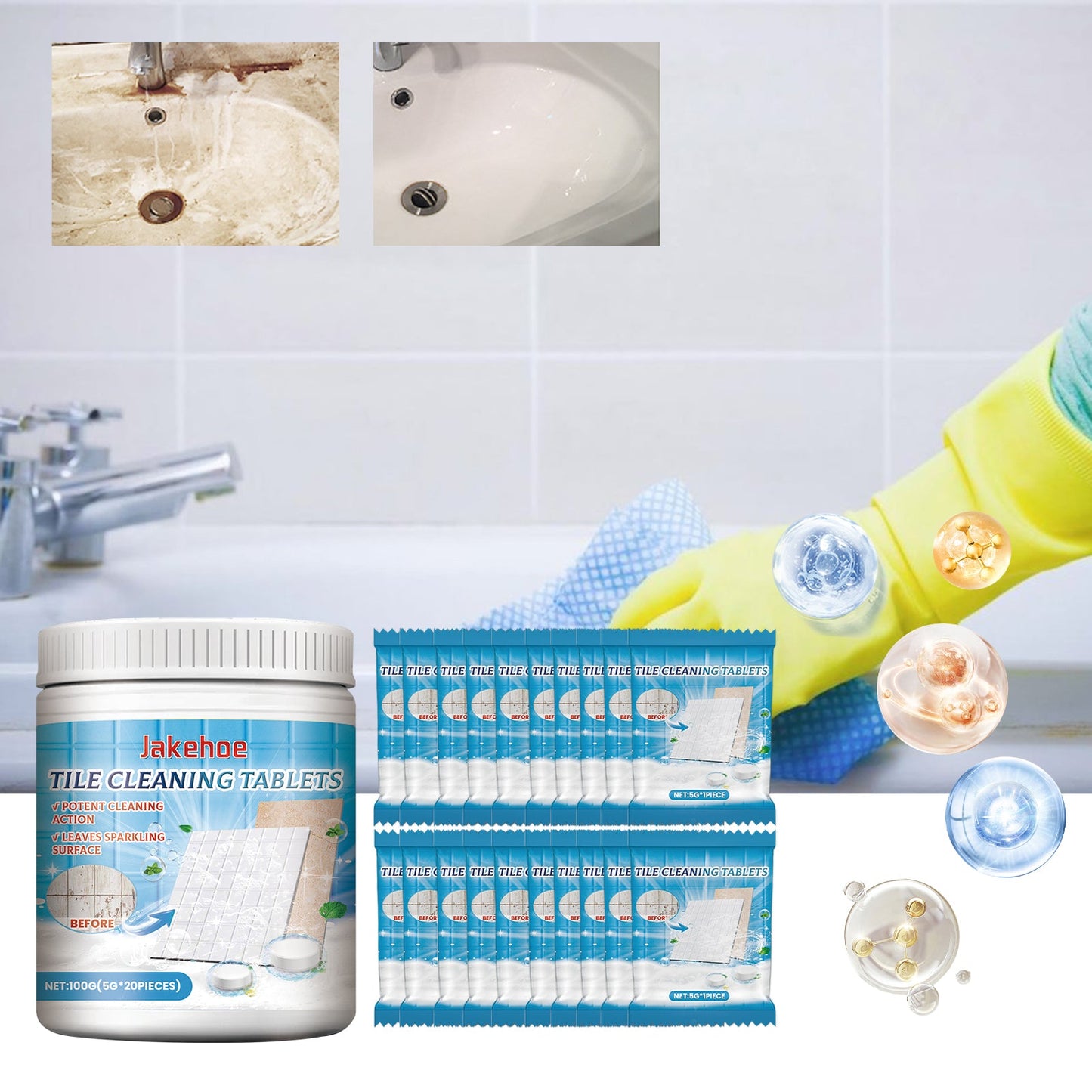 Jakehoe Tile cleaning tablets Toilet, bathtub, toilet bowl, washbasin, floor, wall, tiles - decontamination and cleaning