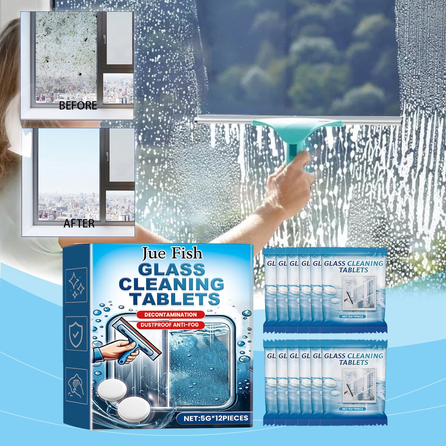 Jue-Fish Glass cleaning effervescent tablets Door and window glass, water stains, dust, and stubborn dirt are cleaned, leaving the mirror surface clear and bright