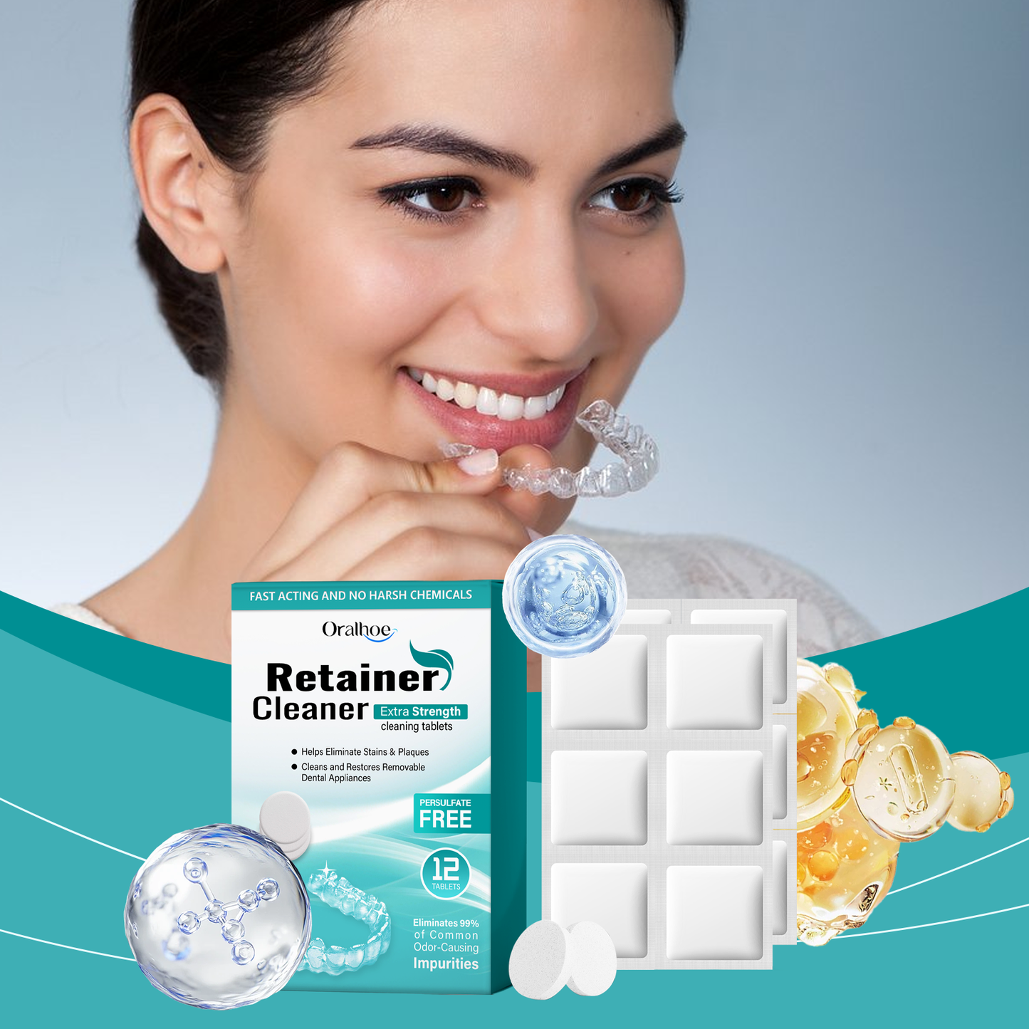 Oralhoe Denture Retainer Cleaning Tablets Tartar buildup cleaner, stain remover, denture care cleaning tablets