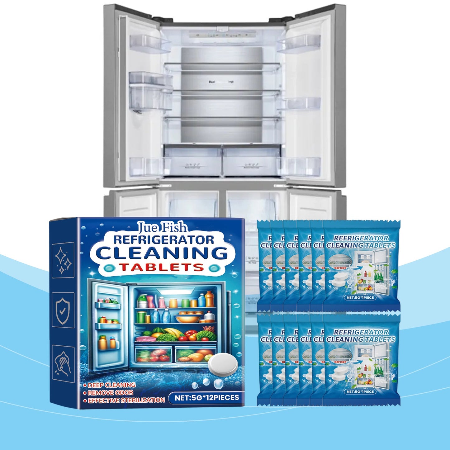 Jue-Fish Refrigerator cleaning effervescent tablets Kitchen refrigerator cleaning tablets for removing grease and odors, multi-purpose cleaning tablets