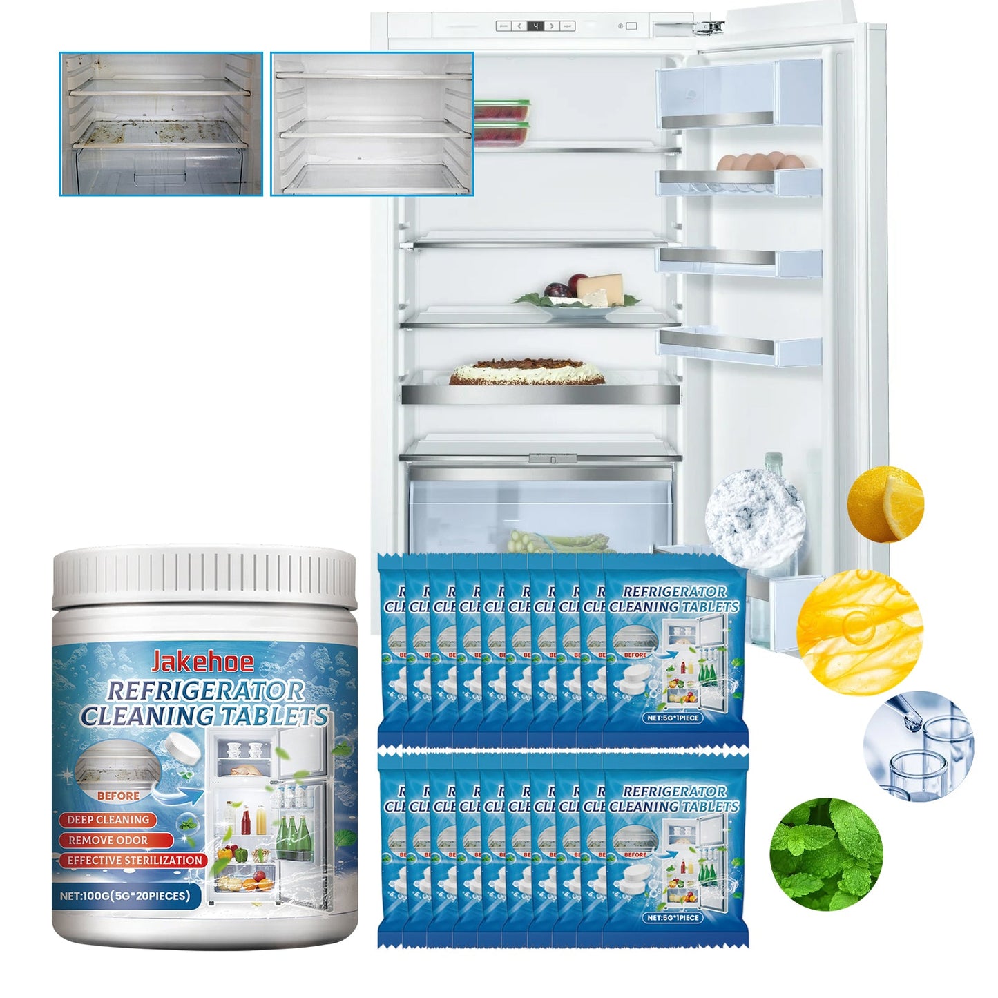 Jakehoe Refrigerator cleaning tablets Refrigerator and freezer deep cleaning, descaling, dirt removal, and odor-eliminating effervescent tablets