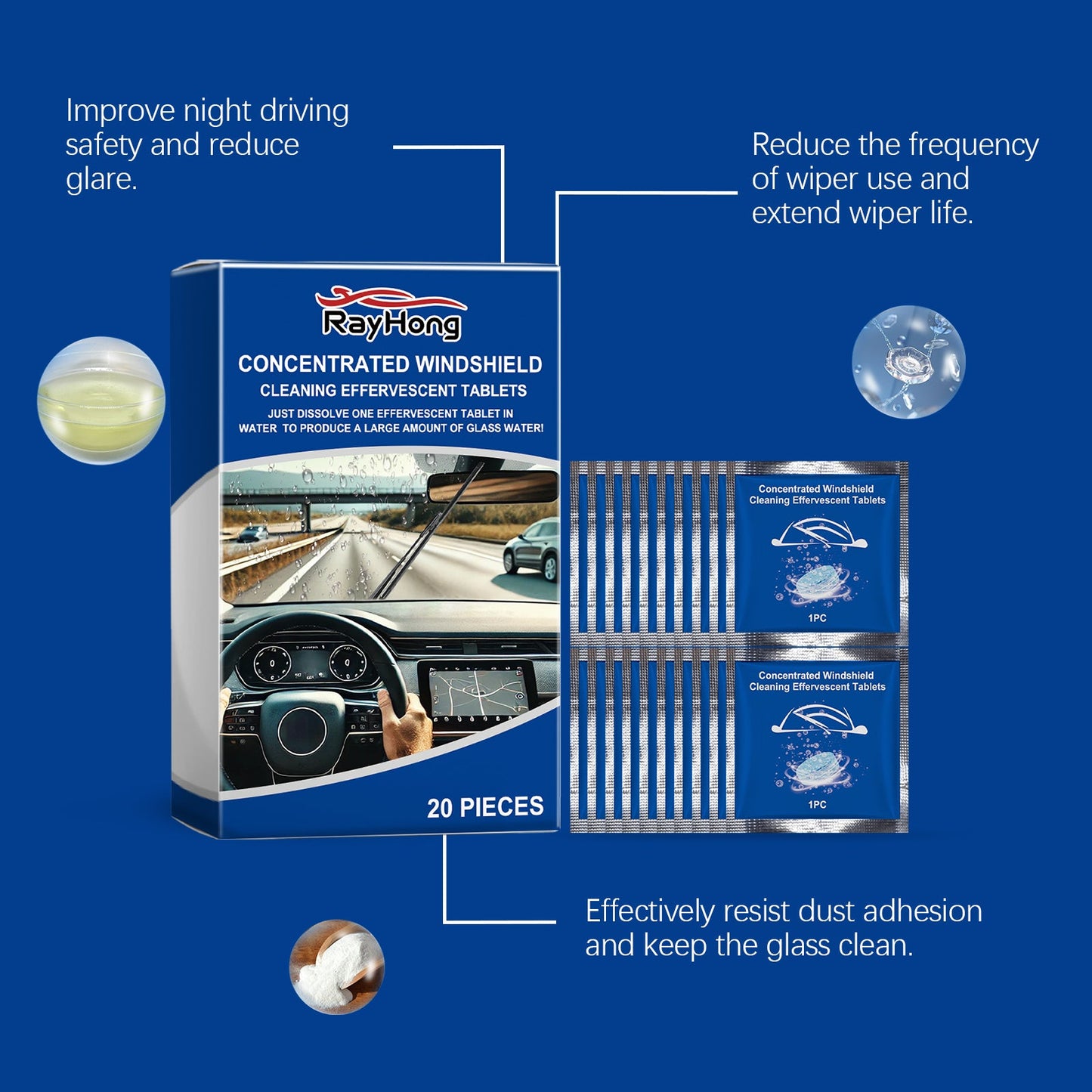Rayhong Windshield cleaning tablets Car window glass stain and water mark waterproof cleaning effervescent tablets