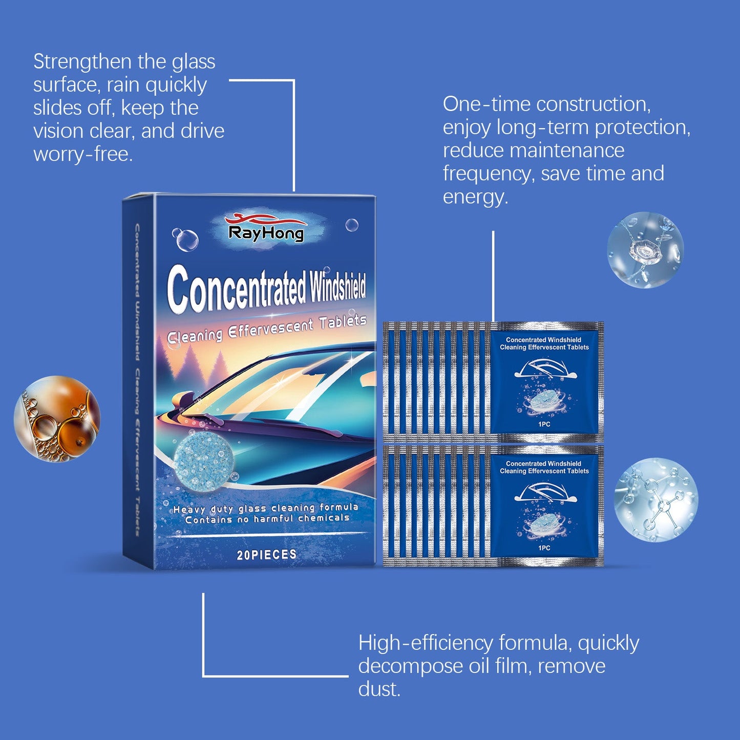 Rayhong Windshield washer tablets Car window rainproof, waterproof, stain-removing, daily maintenance effervescent tablets