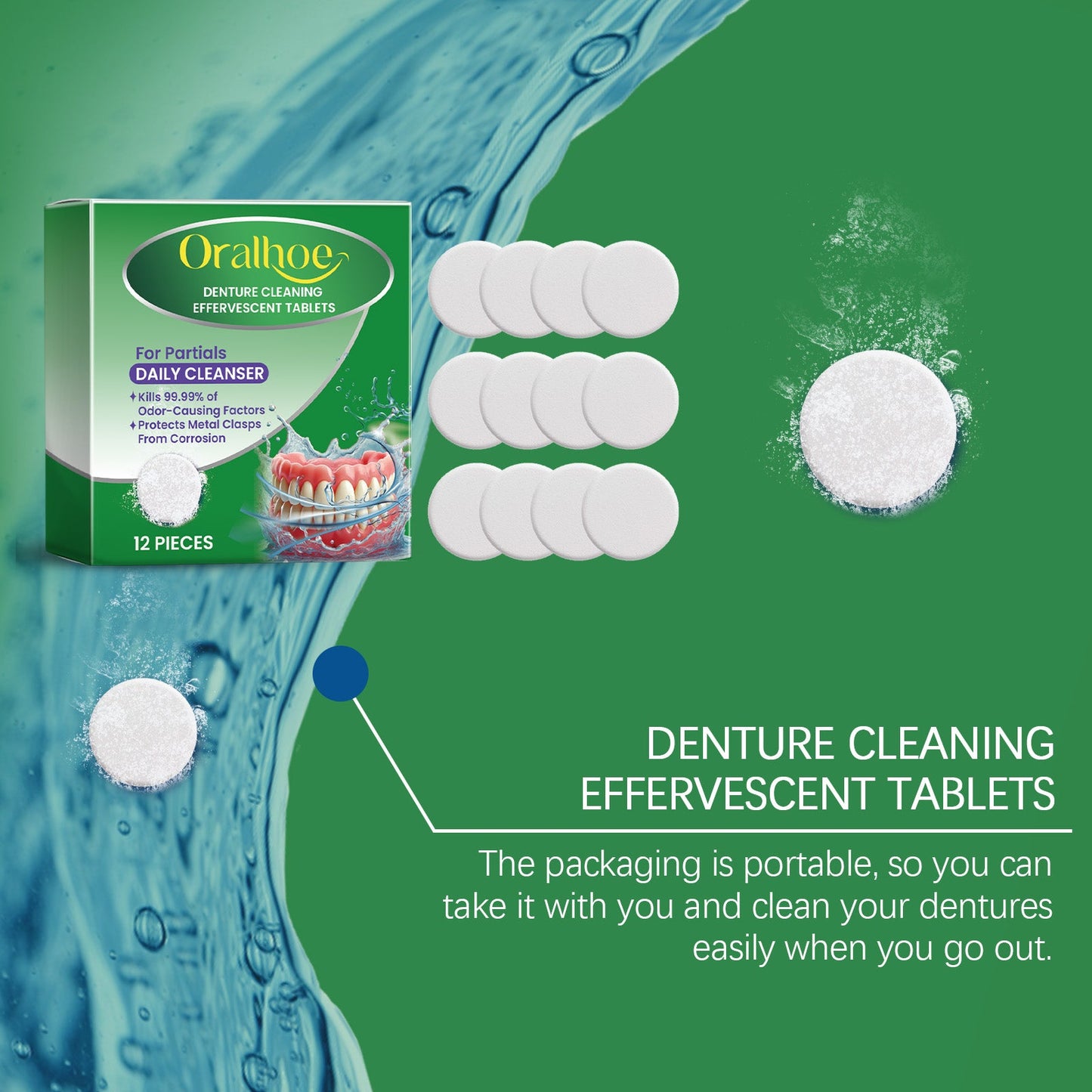 Oralhoe Denture cleaning tablets Cleaning and care, freshening, removing tooth stains, gentle care for braces and dentures, cleaning tablets