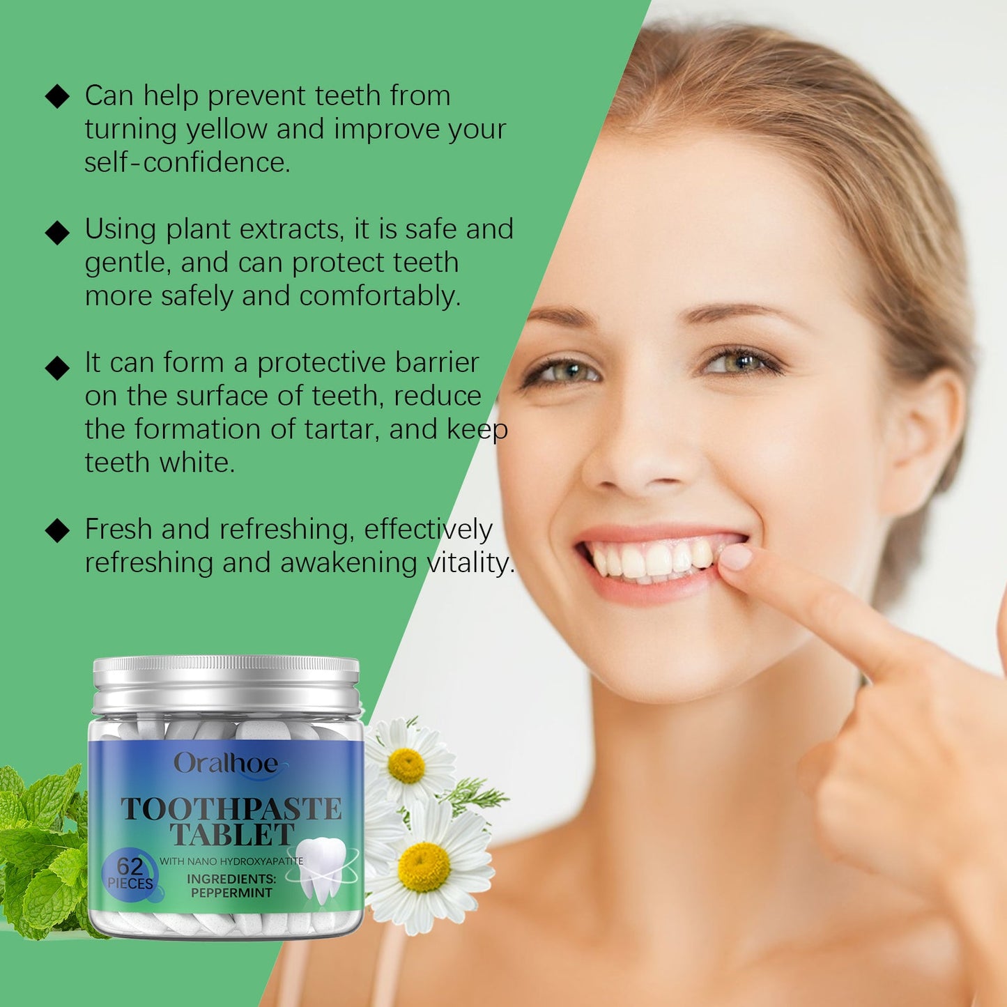 Oralhoe Whitening Toothpaste Tablets Mint tooth cleaning tablets for yellow teeth, tartar, and bad breath
