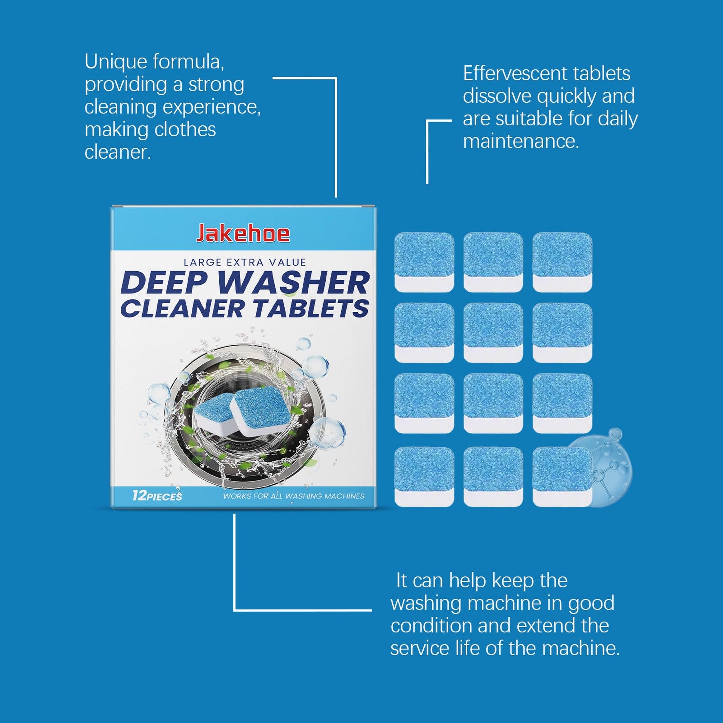 Jakehoe Washing machine cleaning tablets Cleaning, decontamination, odor removal, and fragrance-retaining roller cleaning tablets