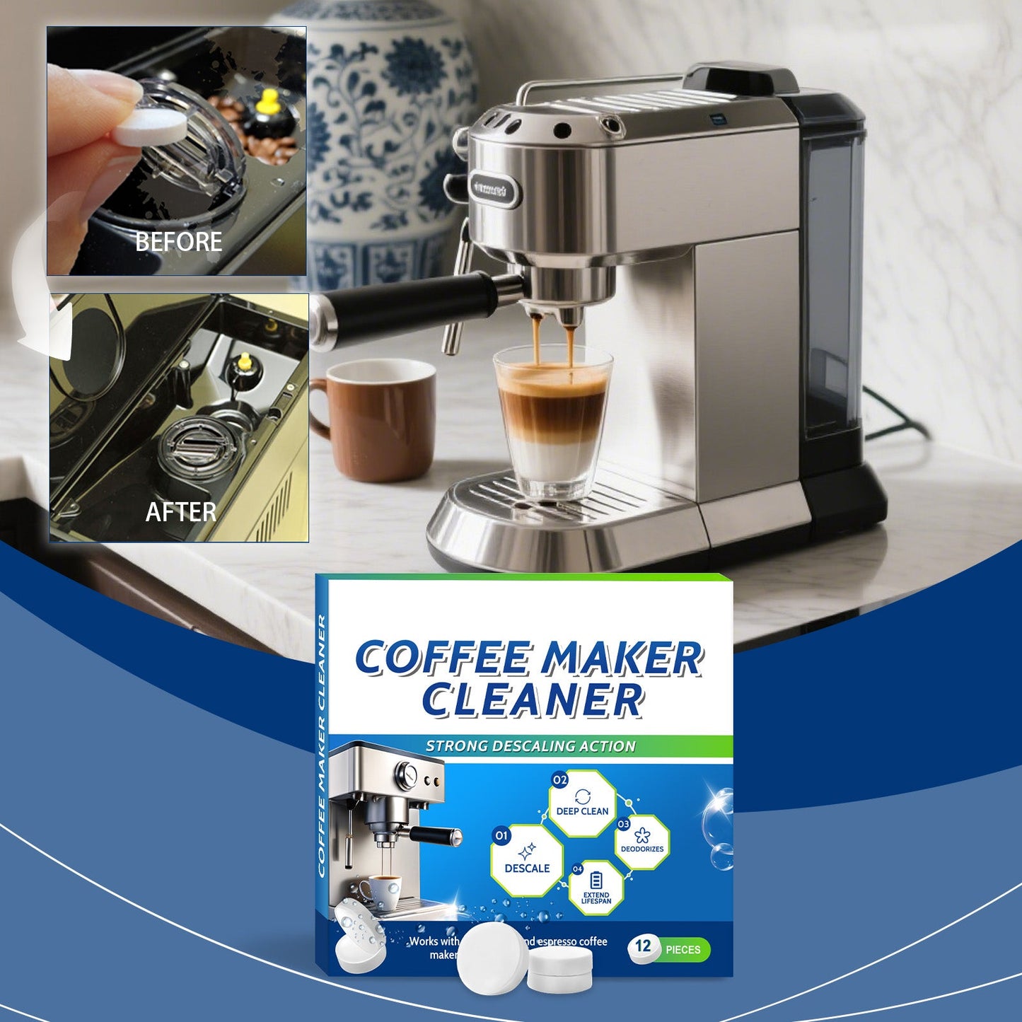 AMZ Coffee machine cleaning tablets Daily gentle cleaning of stains and scale, portable universal coffee machine cleaning and maintenance tablets